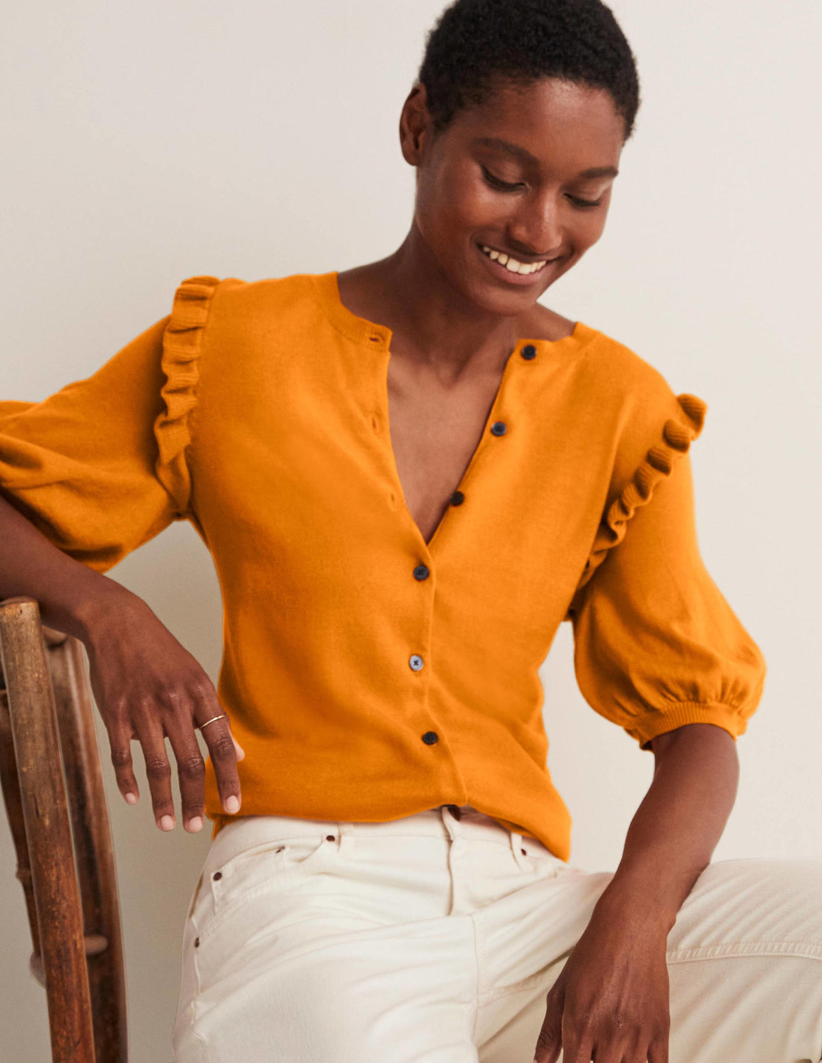 Frill Shoulder Cotton Cardigan-Desert Sun Orange - Image 1