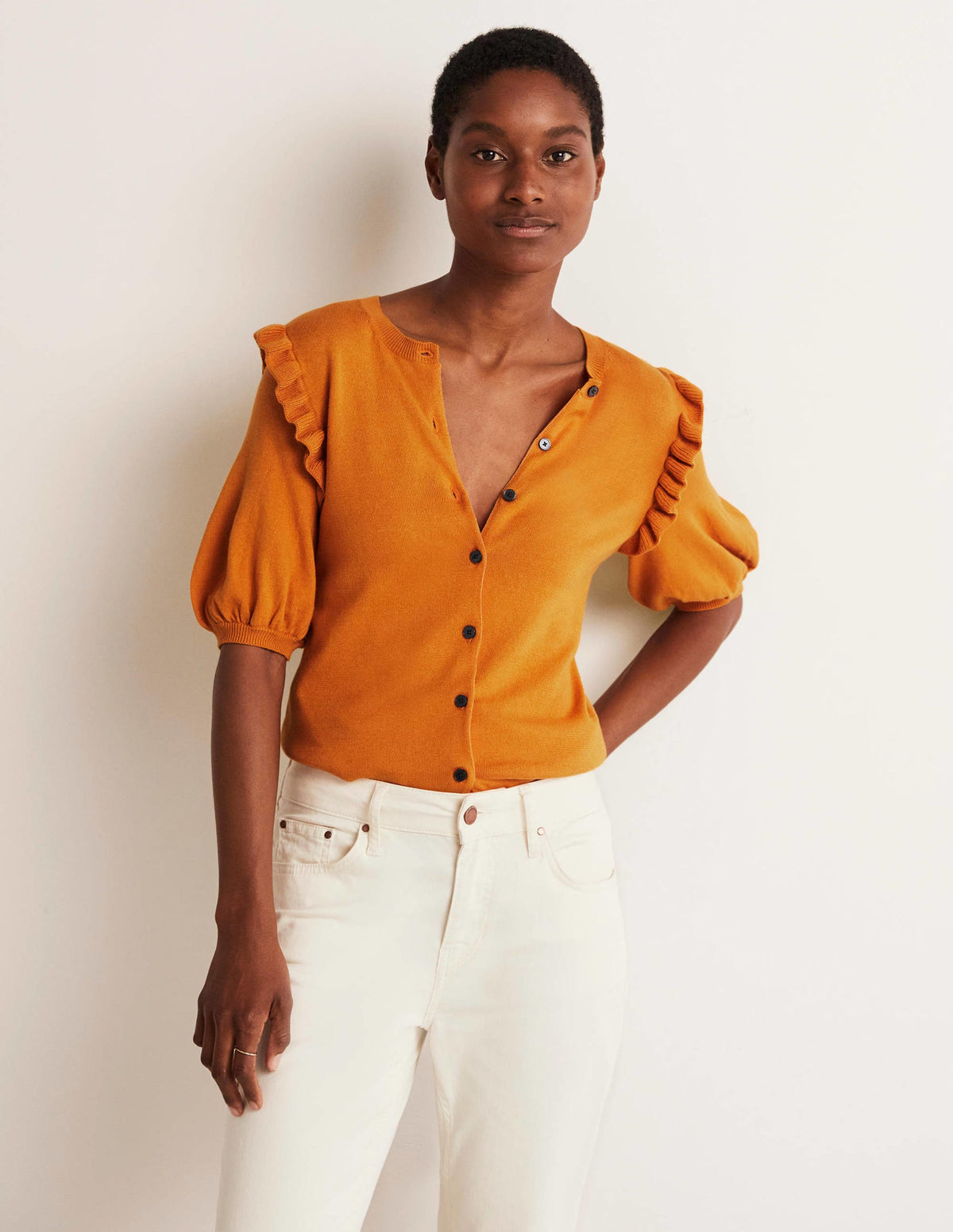 Frill Shoulder Cotton Cardigan-Desert Sun Orange - Image 4