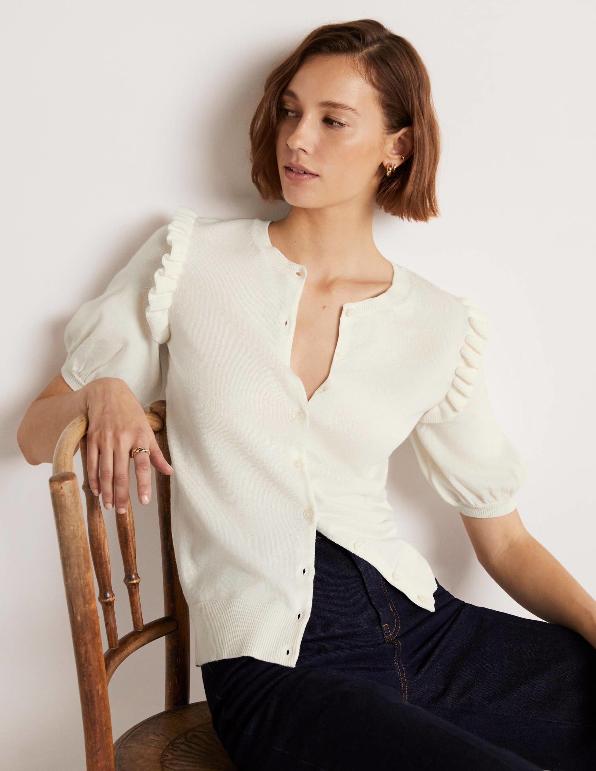 Frill Shoulder Cotton Cardigan-Ivory-5