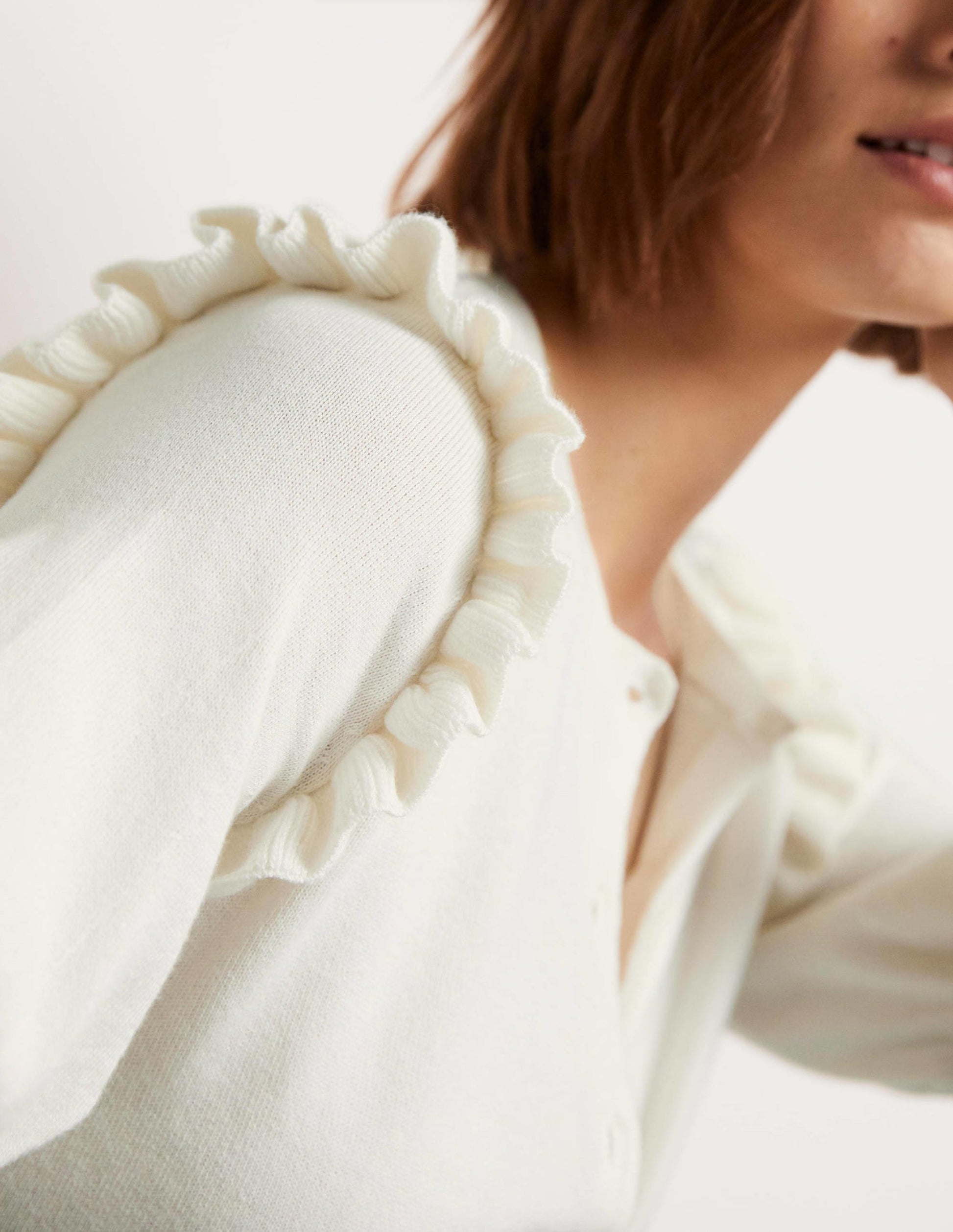Frill Shoulder Cotton Cardigan-Ivory-2