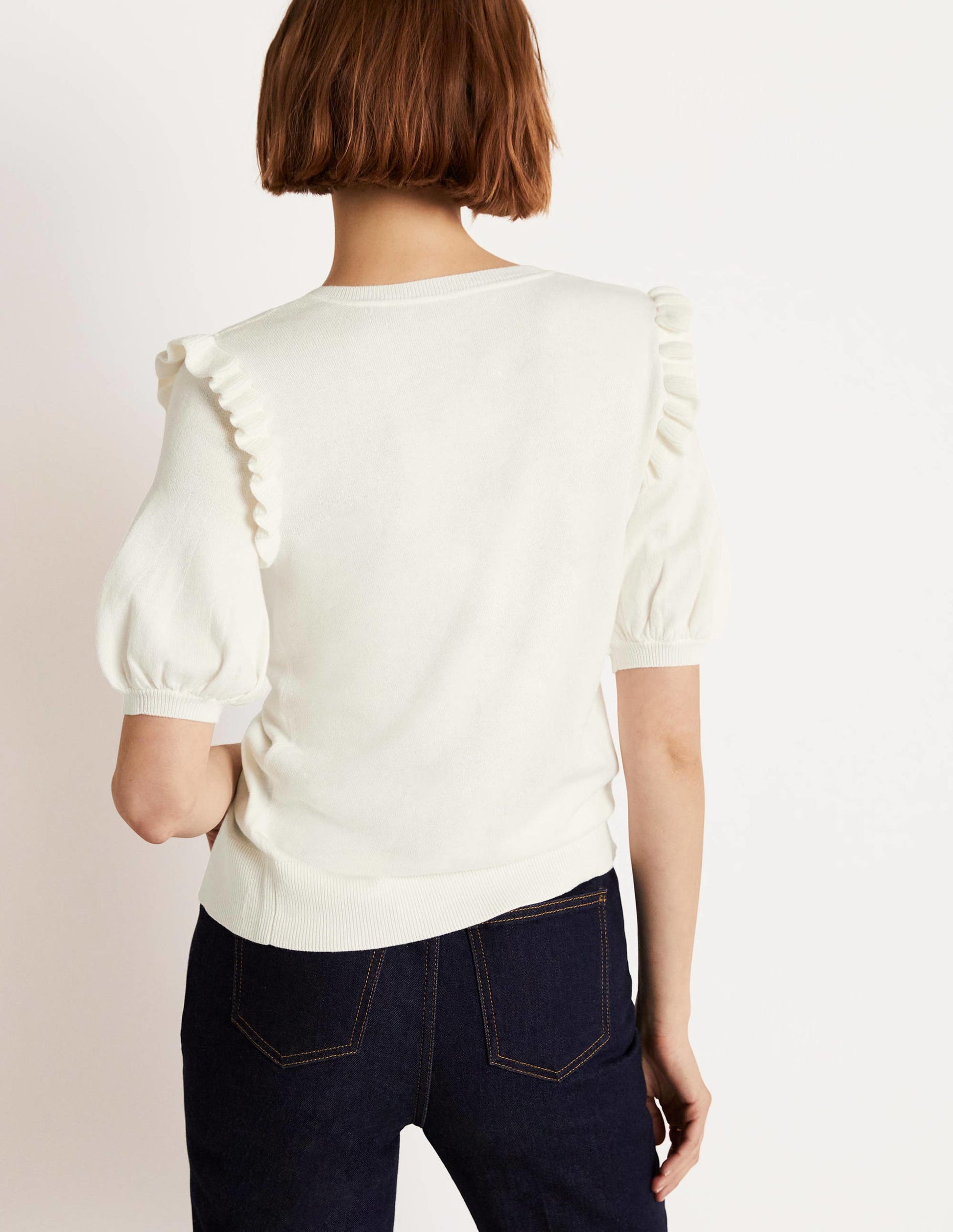 Frill Shoulder Cotton Cardigan-Ivory-3