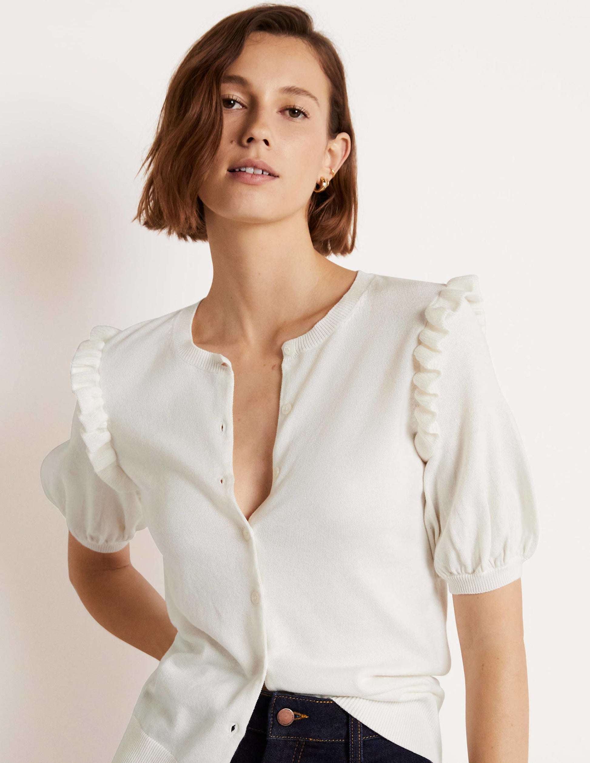 Frill Shoulder Cotton Cardigan-Ivory-4