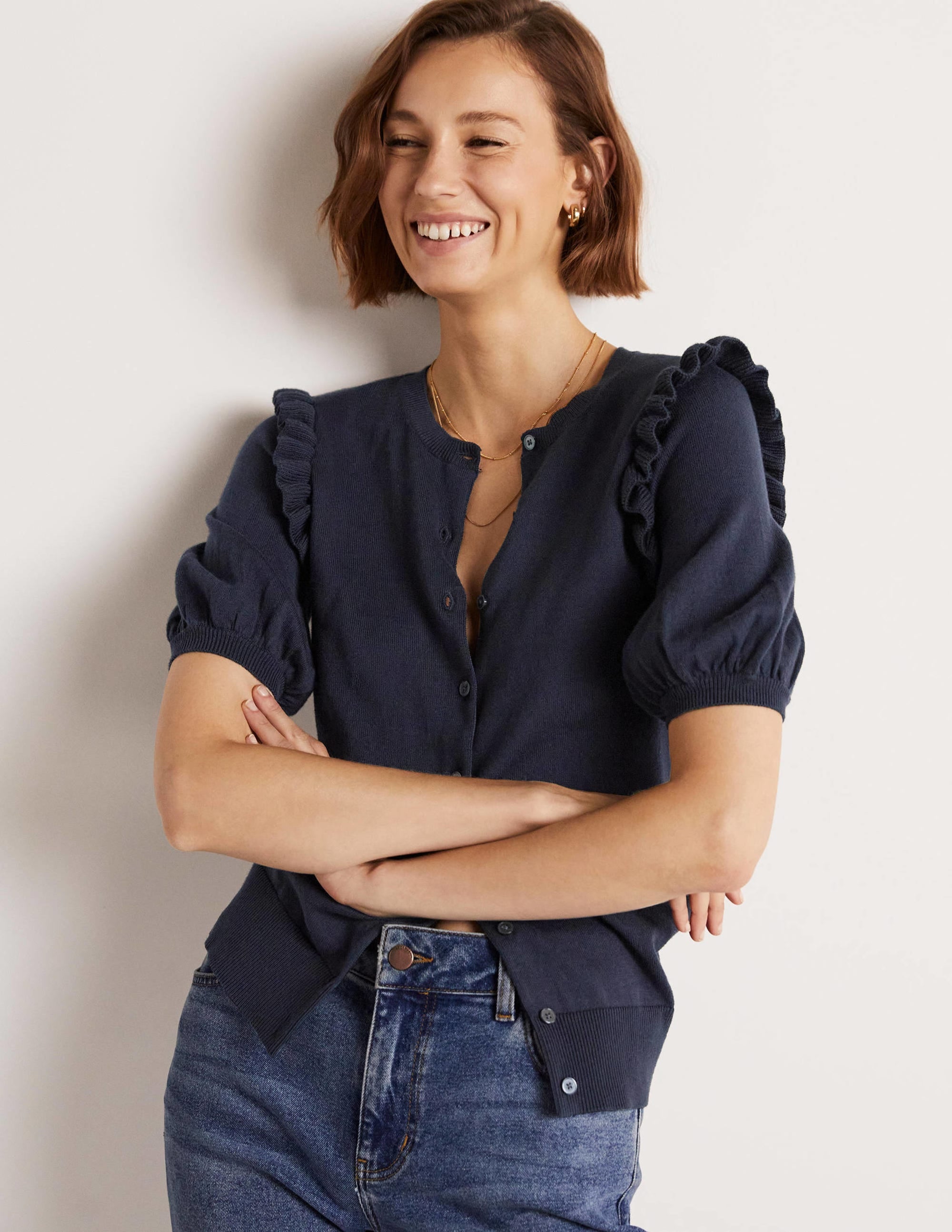 Frill Shoulder Cotton Cardigan-Navy - Image 5