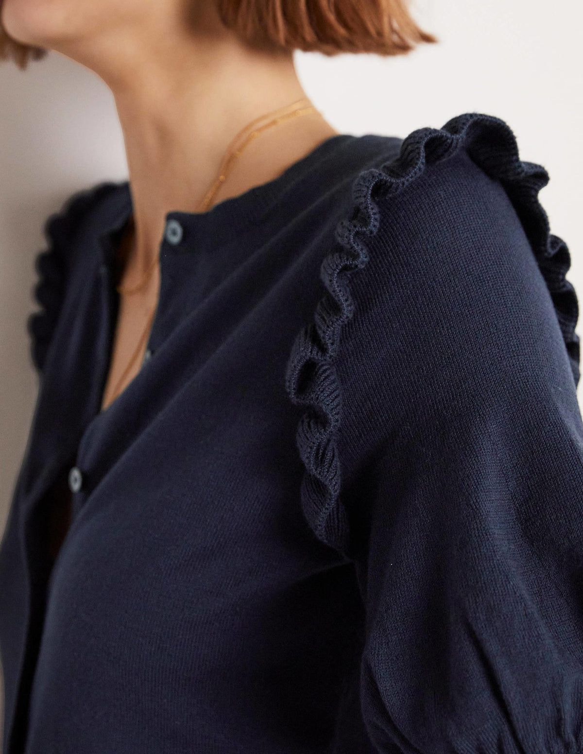Frill Shoulder Cotton Cardigan-Navy - Image 2