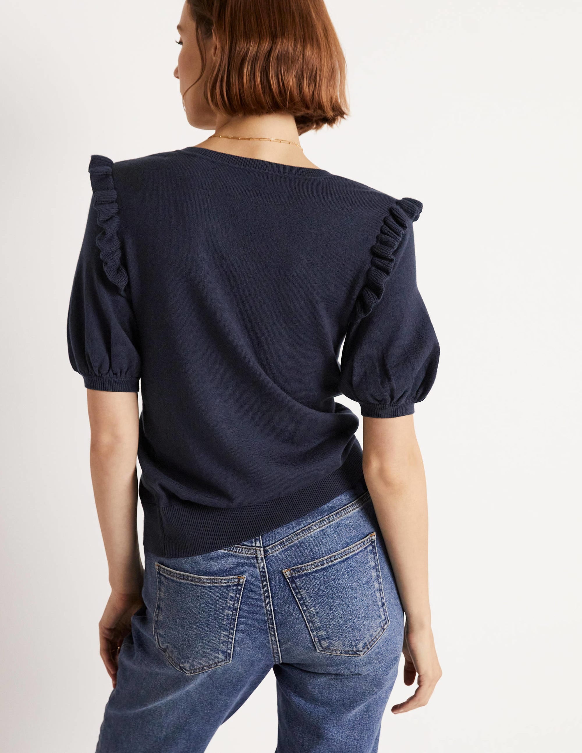 Frill Shoulder Cotton Cardigan-Navy - Image 3