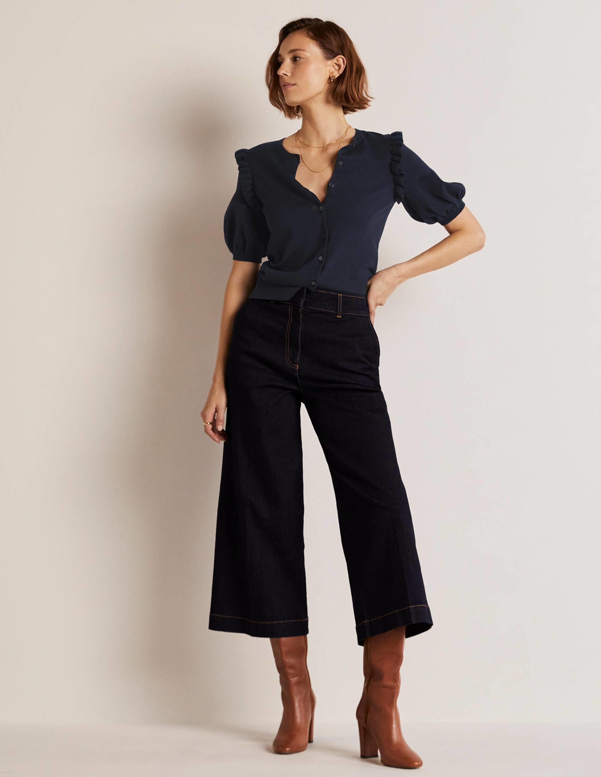 Frill Shoulder Cotton Cardigan-Navy - Image 4