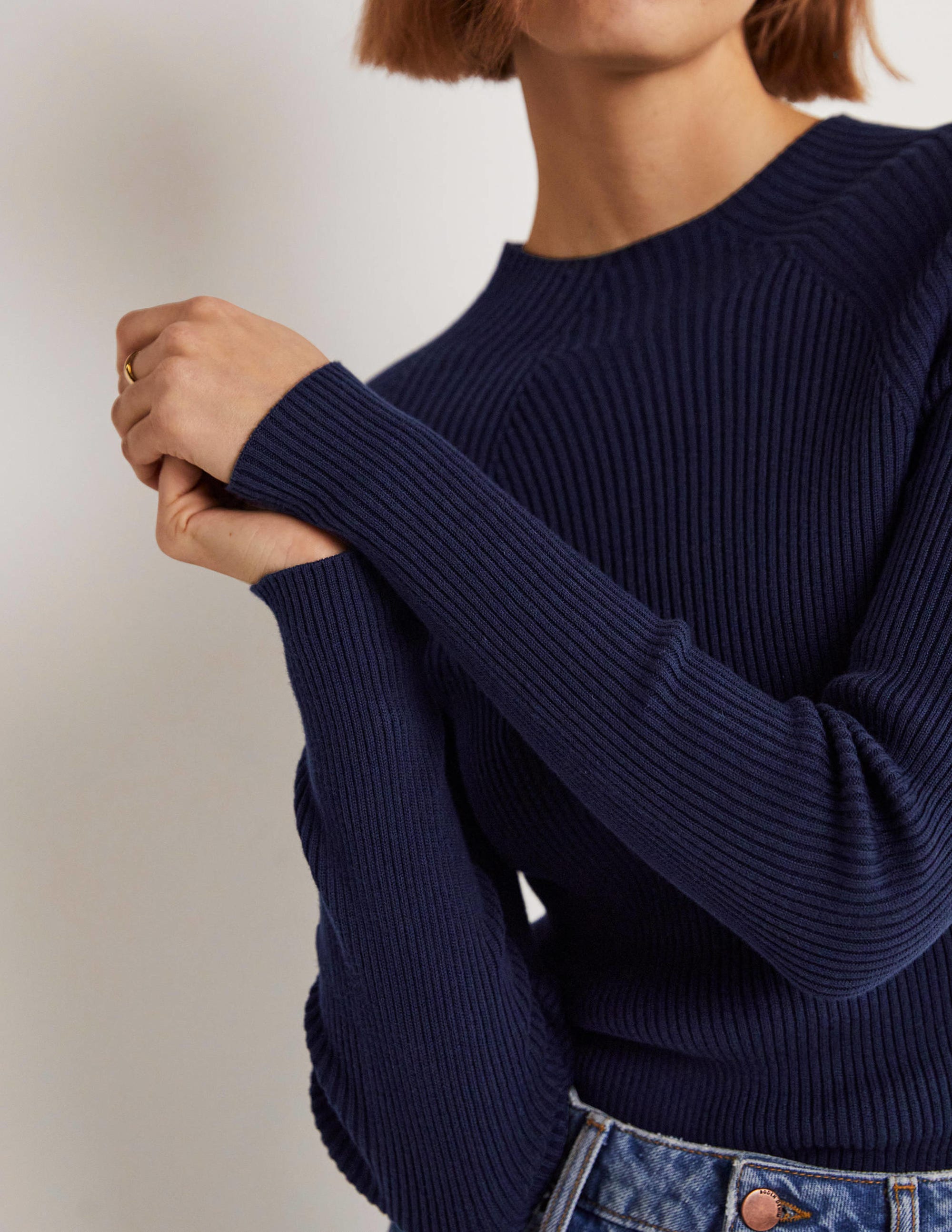 Ribbed High Neck Jumper-Navy - Image 6