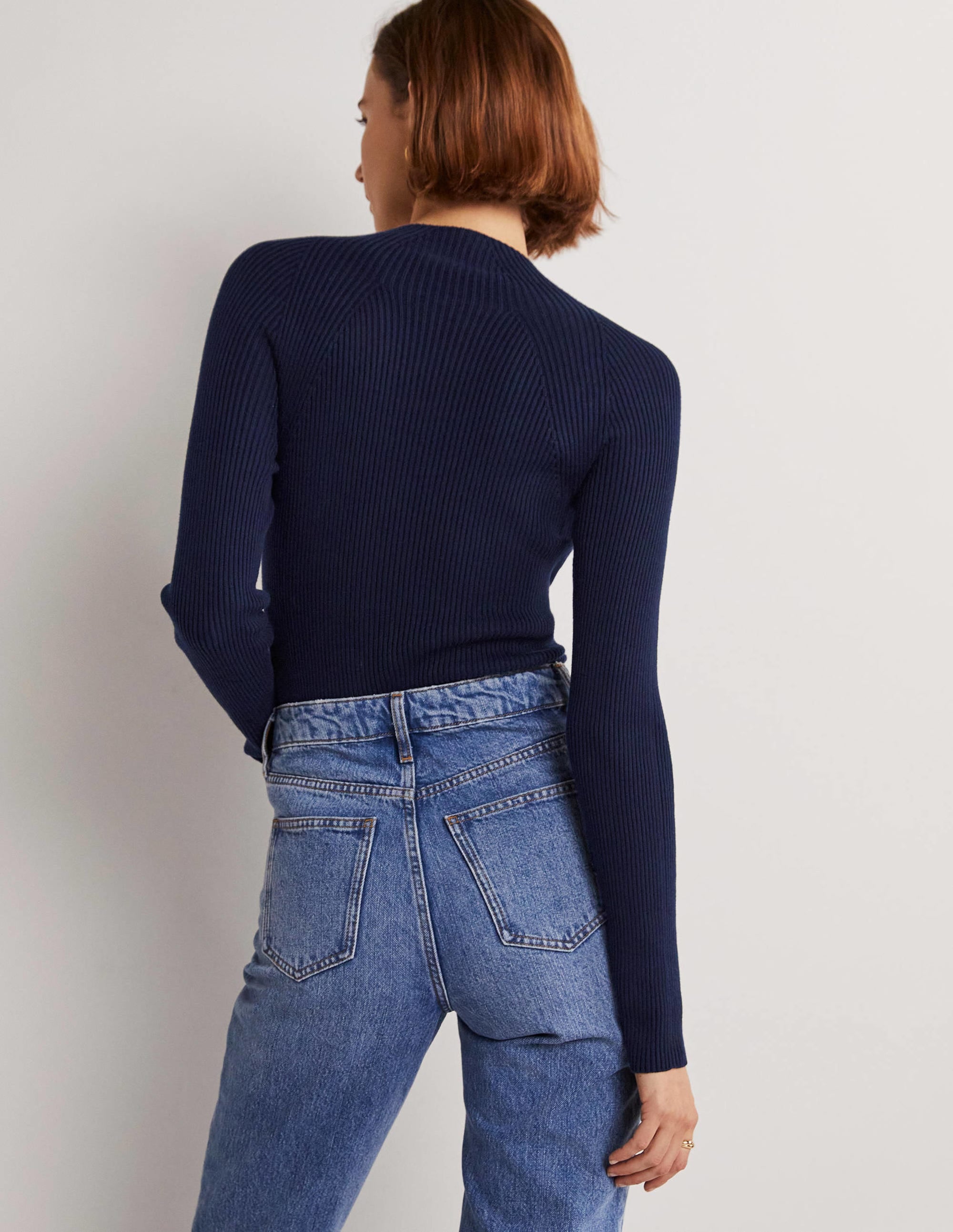 Ribbed High Neck Jumper-Navy - Image 3