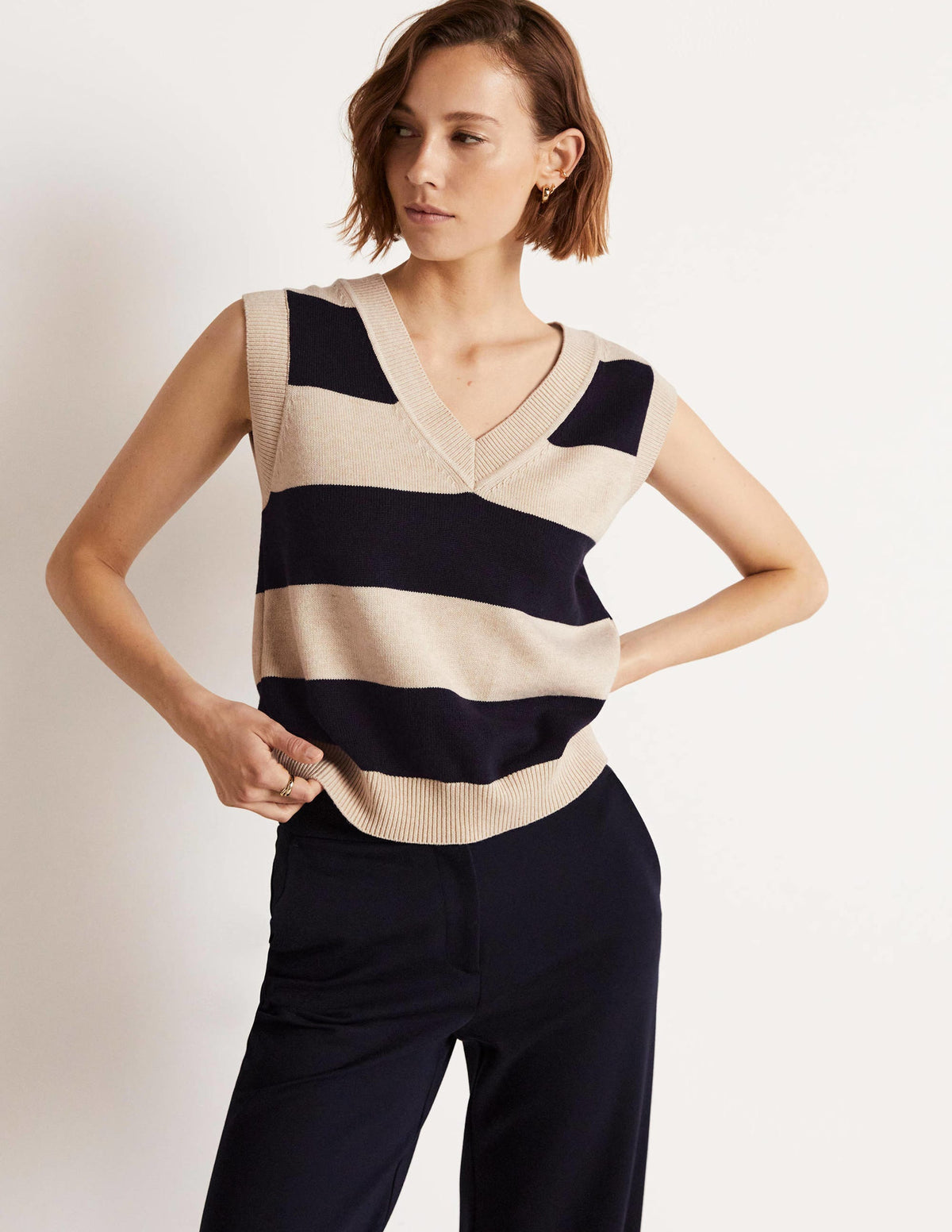 V-neck Knitted Tank Top-Navy/Oatmeal Melange Stripe - Image 9