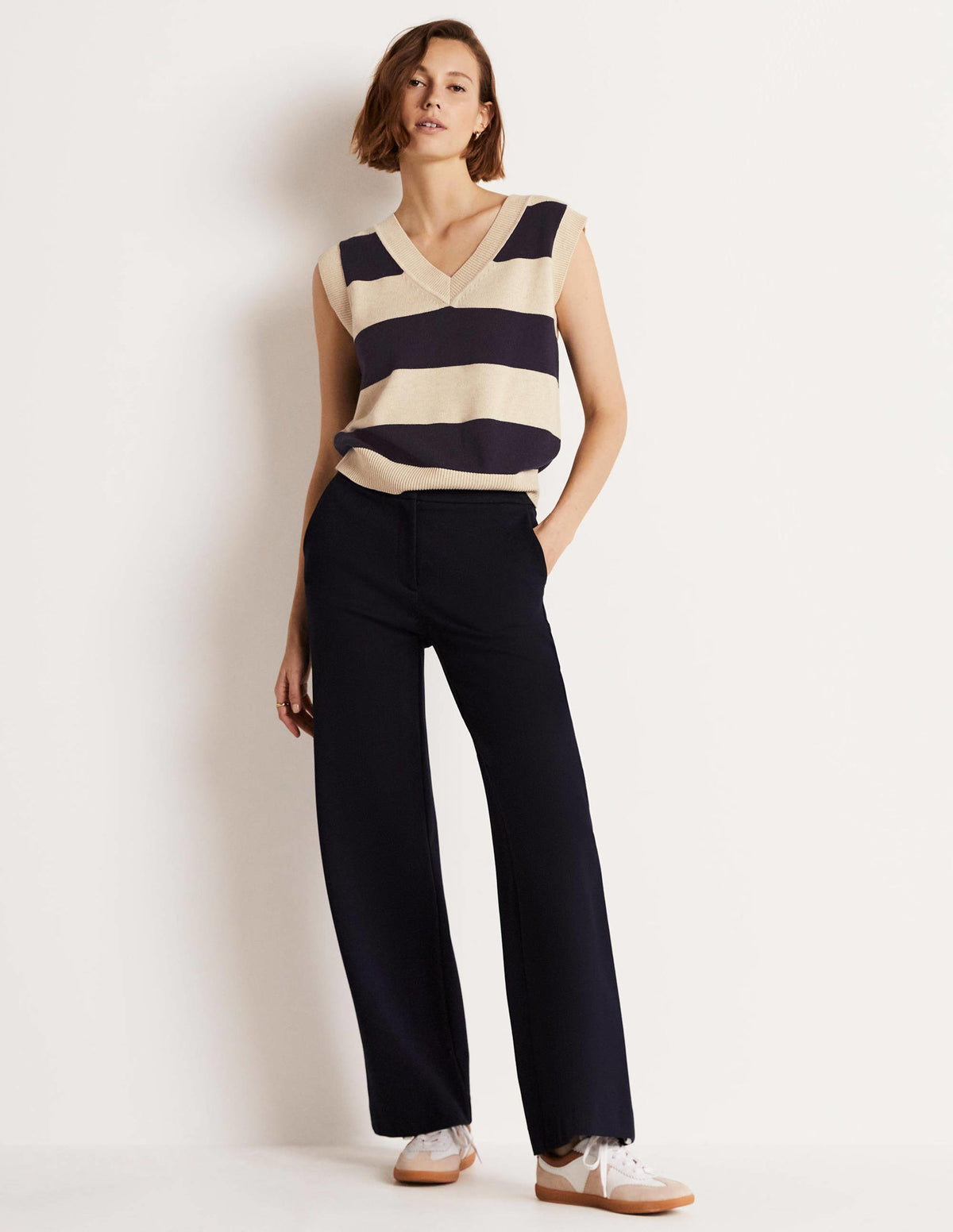 V-neck Knitted Tank Top-Navy/Oatmeal Melange Stripe-10