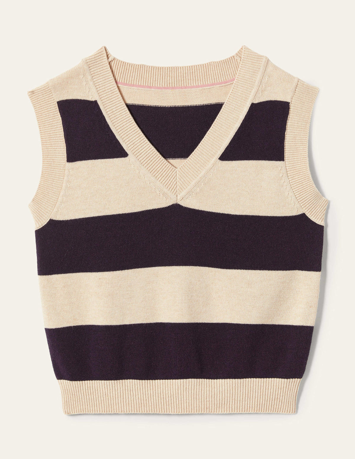 V-neck Knitted Tank Top-Navy/Oatmeal Melange Stripe-11