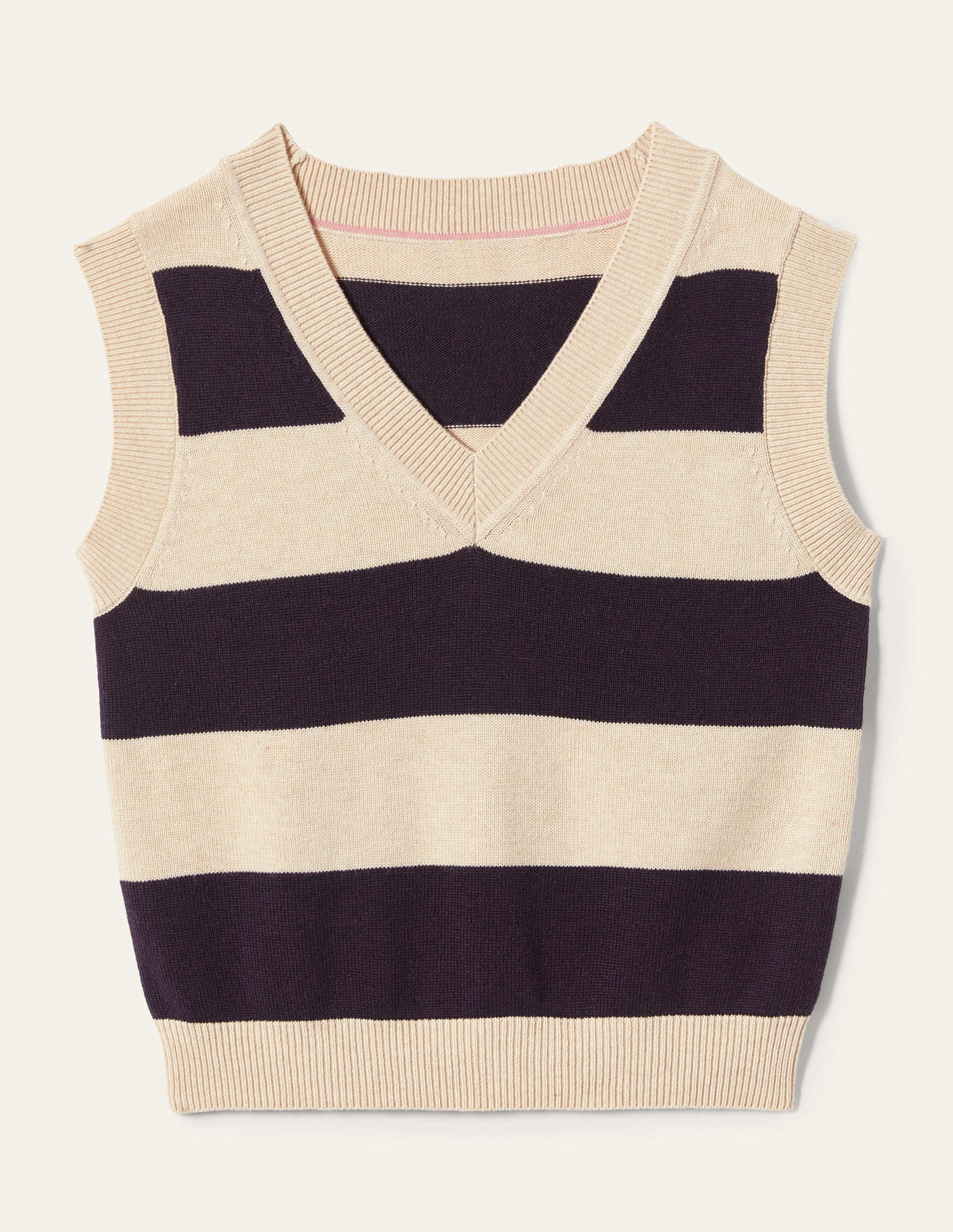 V-neck Knitted Tank Top-Navy/Oatmeal Melange Stripe - Image 11