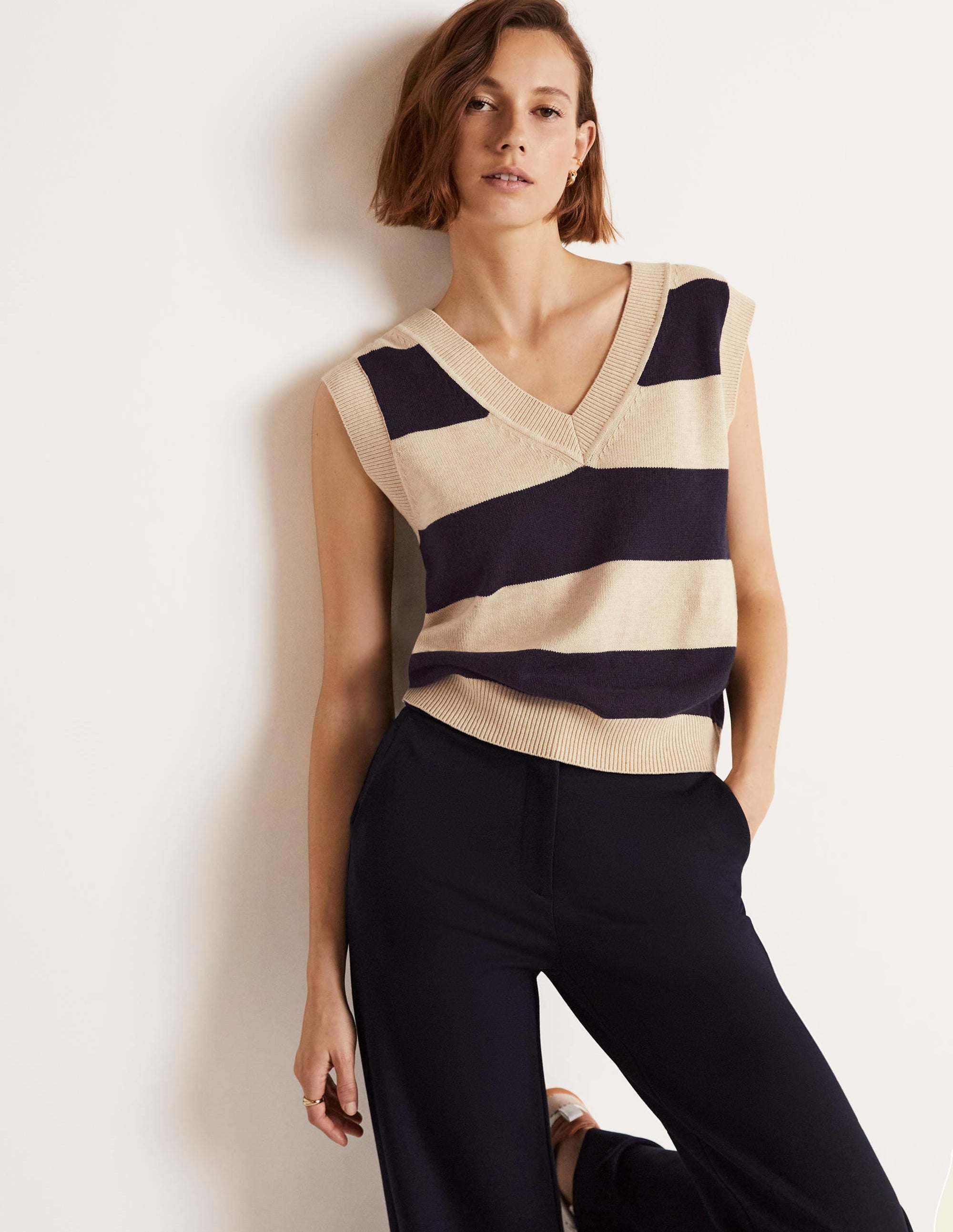 V-neck Knitted Tank Top-Navy/Oatmeal Melange Stripe - Image 6