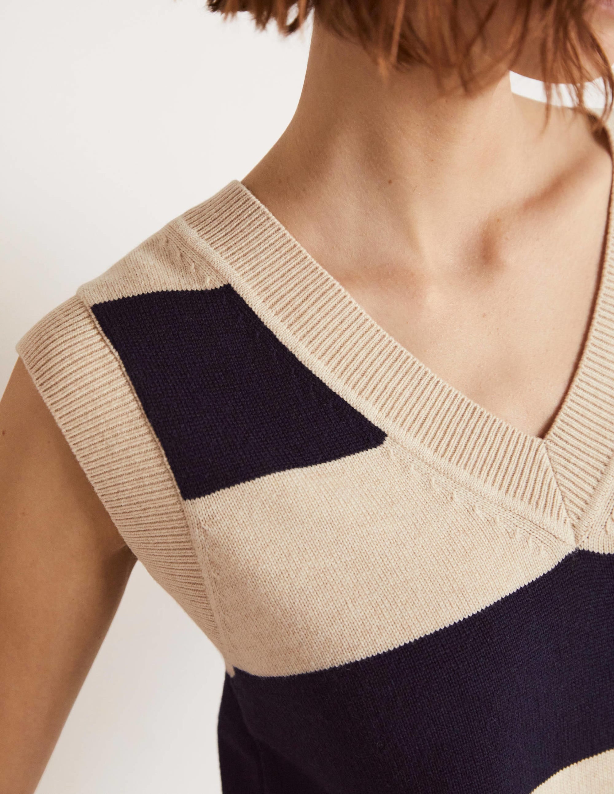 V-neck Knitted Tank Top-Navy/Oatmeal Melange Stripe - Image 2