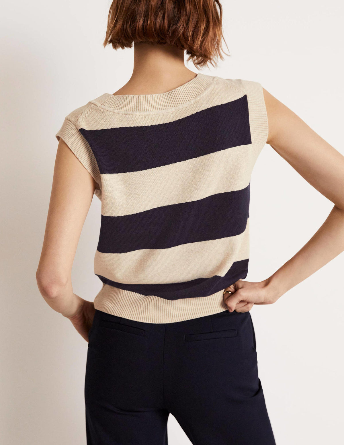 V-neck Knitted Tank Top-Navy/Oatmeal Melange Stripe-3