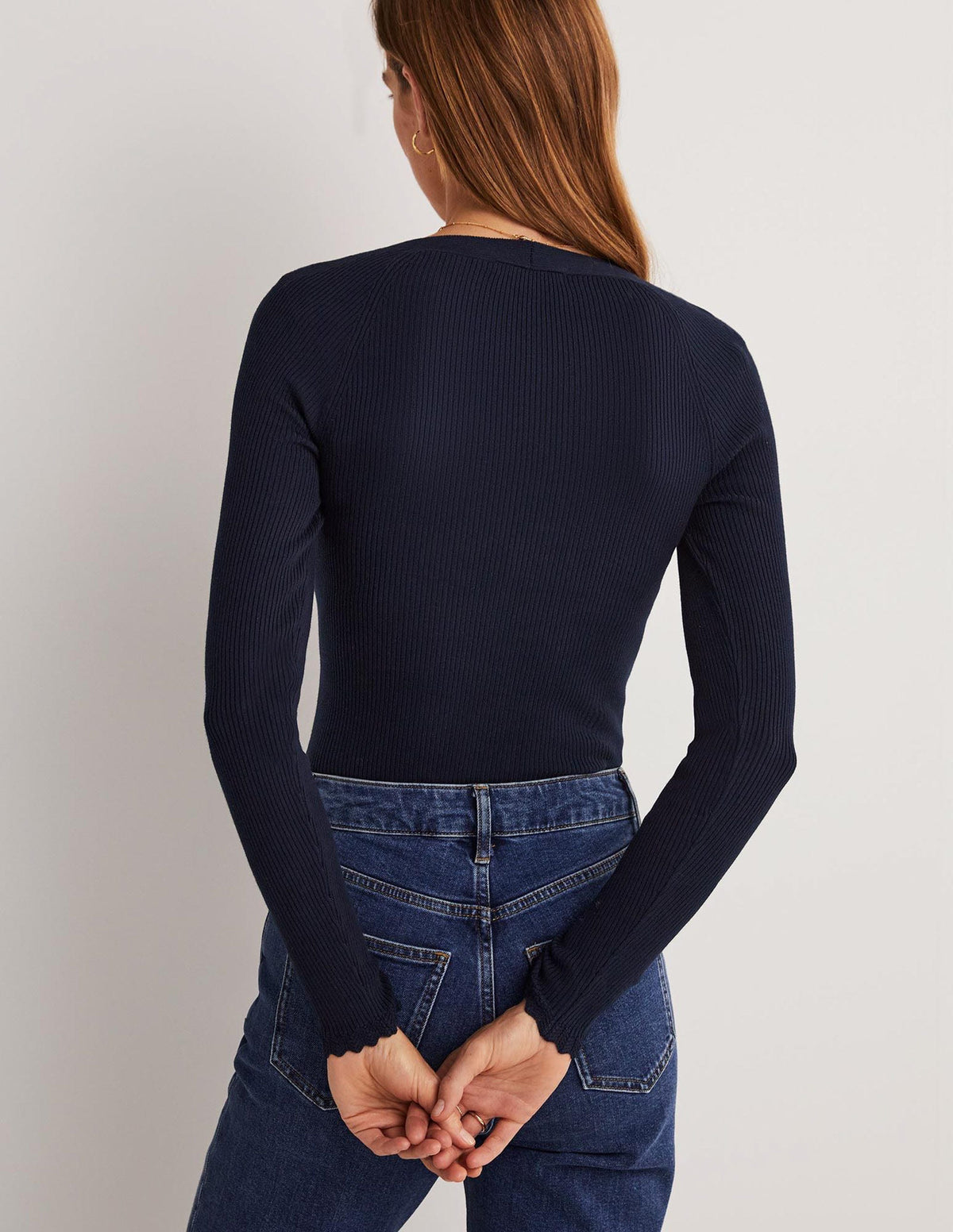 Ribbed Square Neck Knitted Top-Navy - Image 3