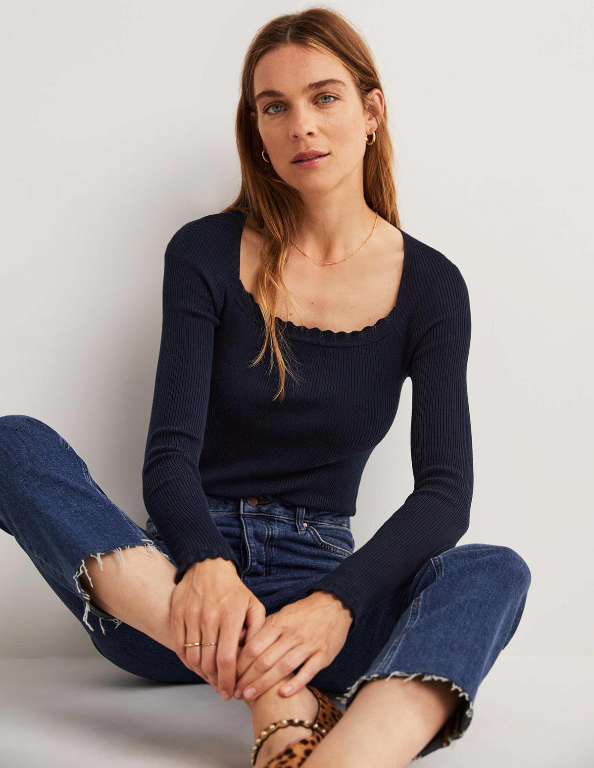 Ribbed Square Neck Knitted Top-Navy - Image 4