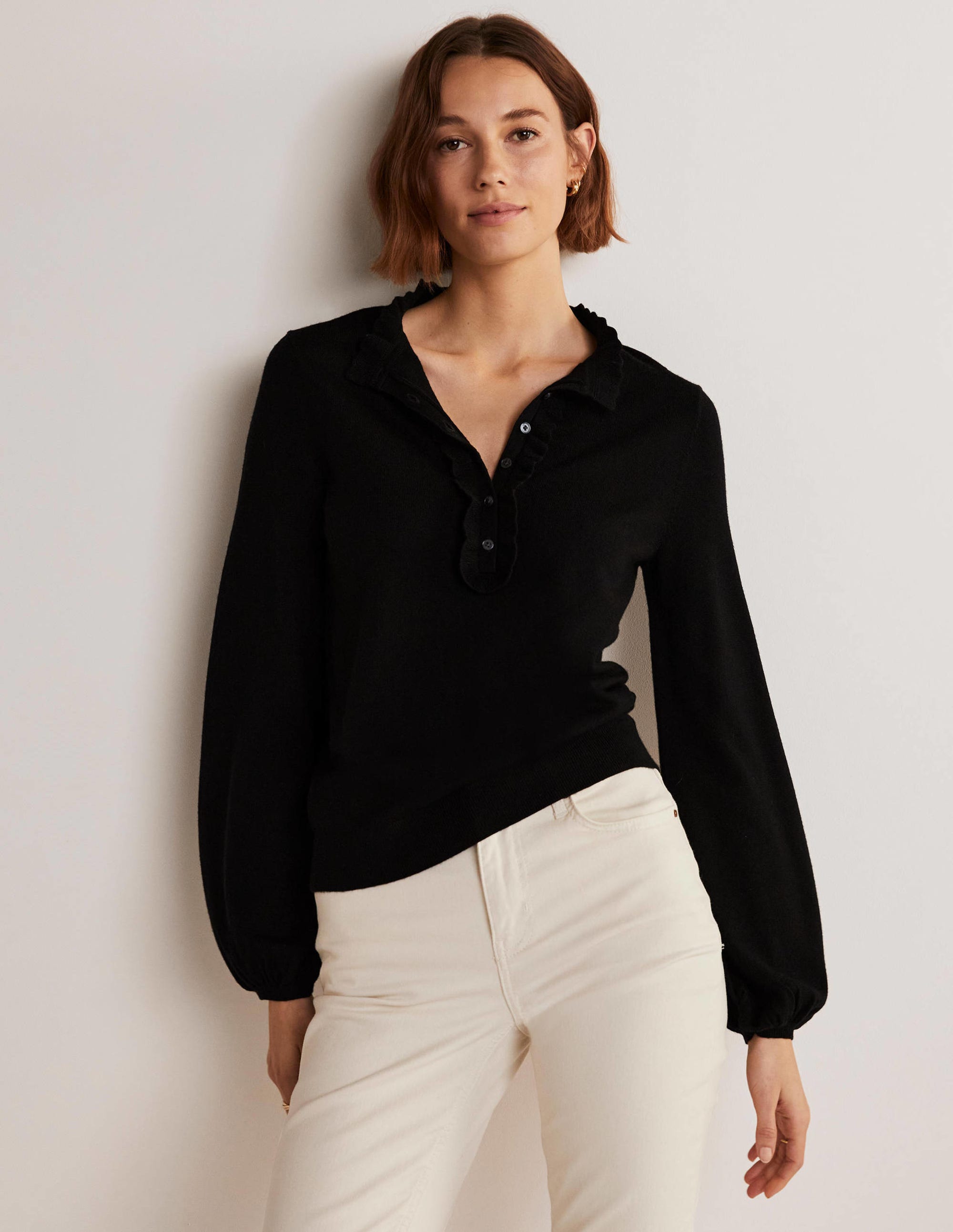 Button Front Merino Jumper-Black - Image 1