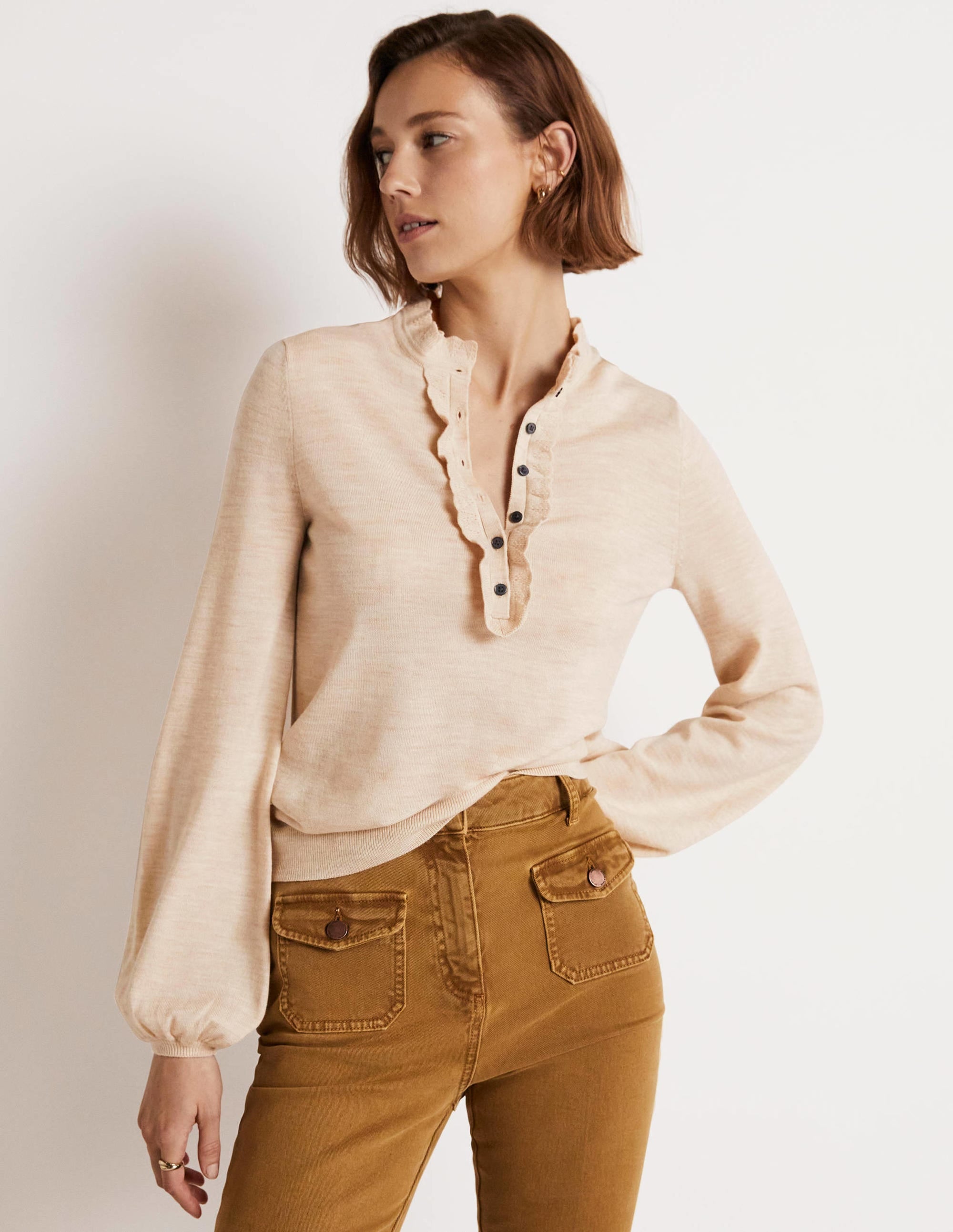 Button Front Merino Jumper-Oatmeal Melange - Image 5