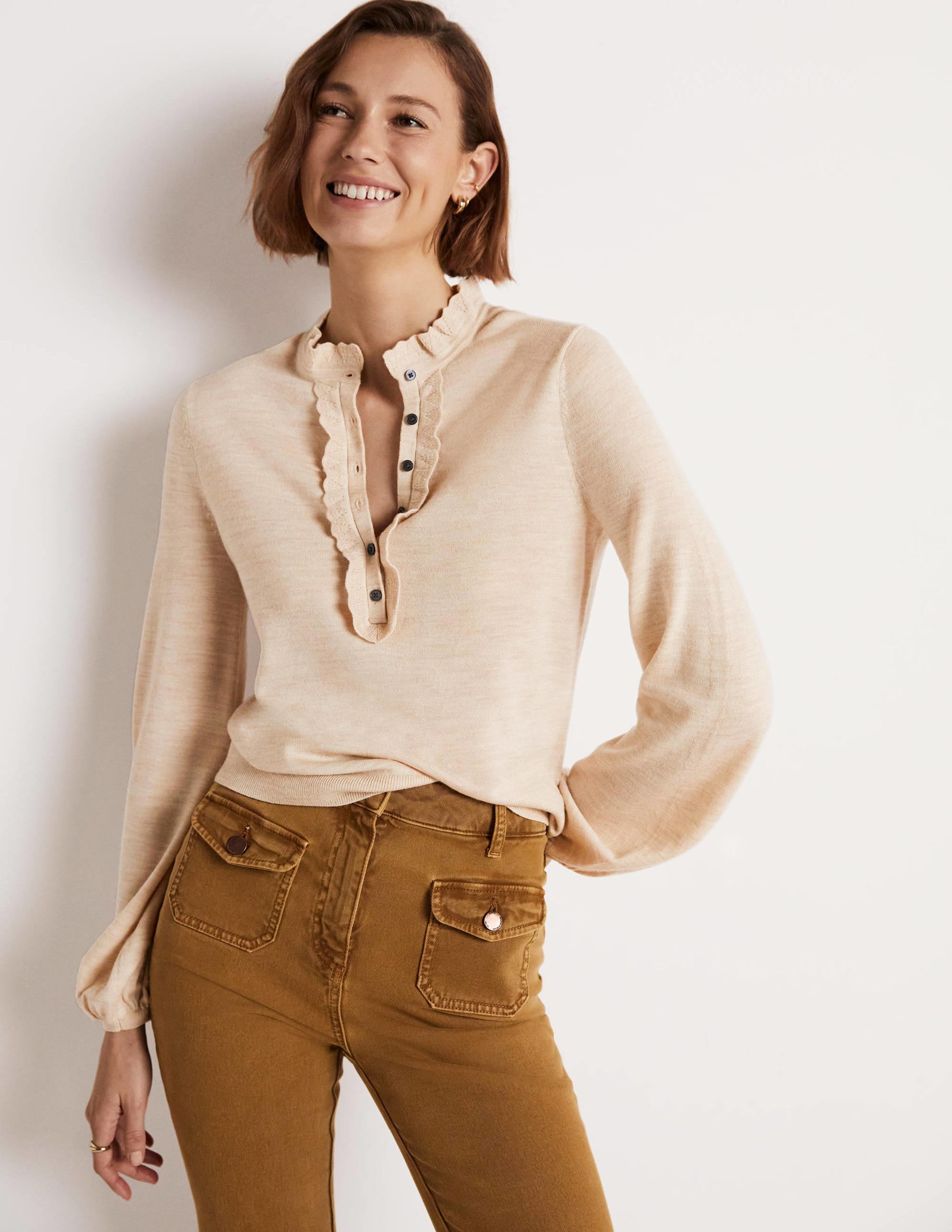 Button Front Merino Jumper-Oatmeal Melange - Image 4