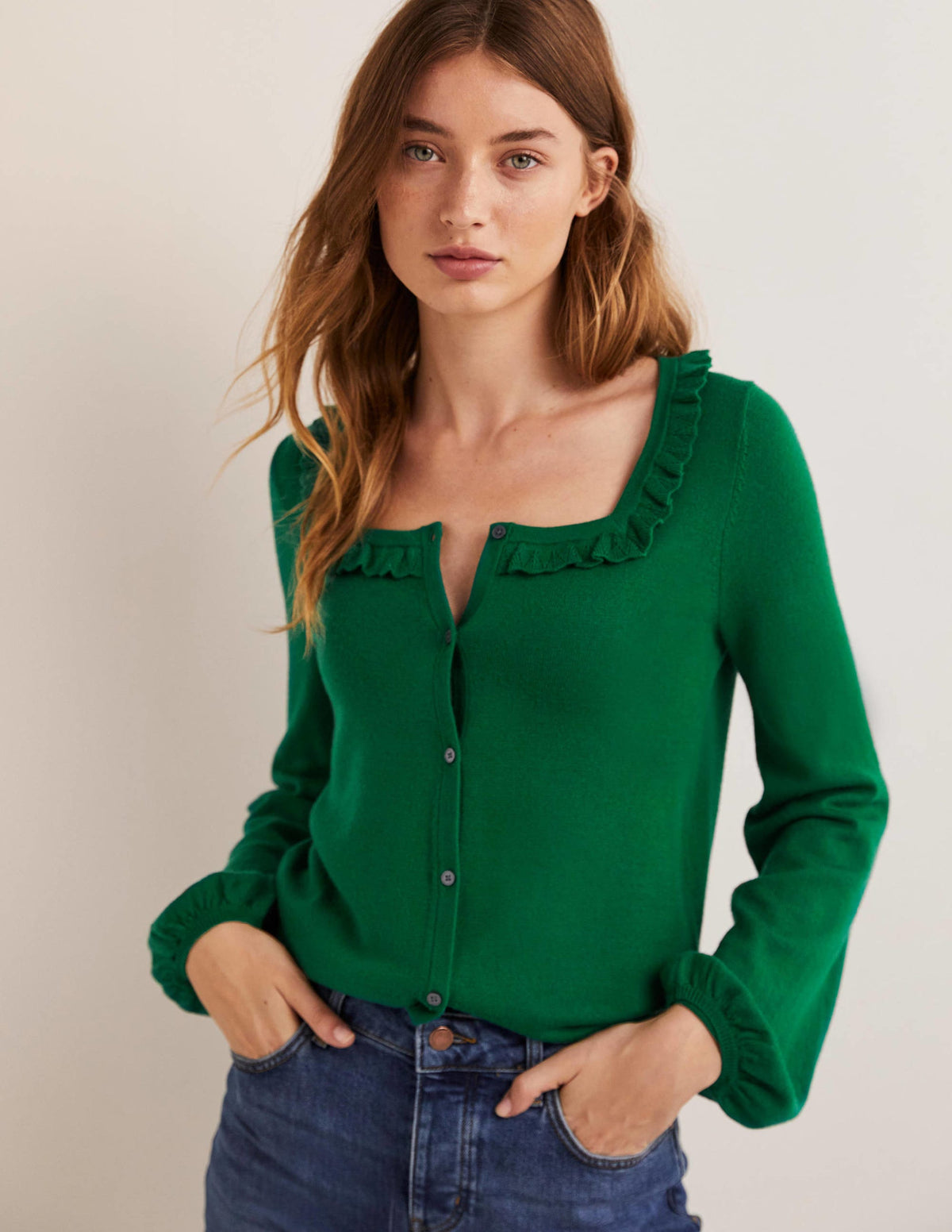 Square Neck Merino Cardigan-Trekking Green - Image 1