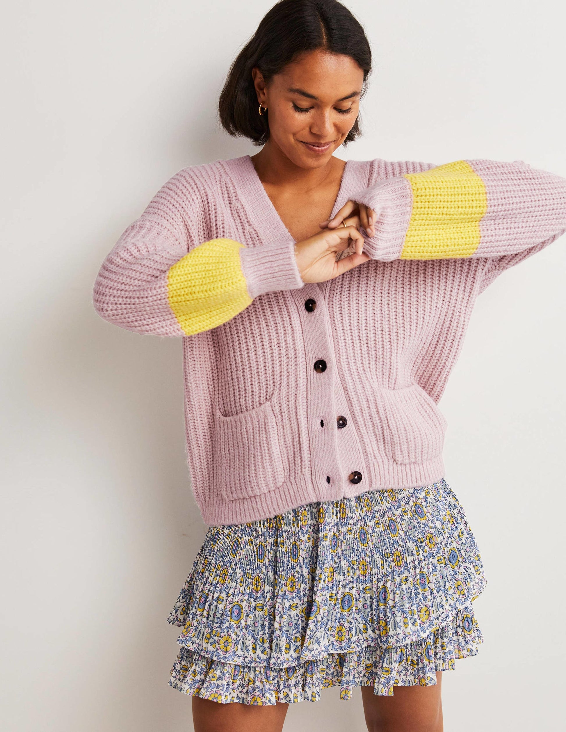 Fluffy Rib Relaxed Cardigan-Milkshake Pink, Neon Yellow-5