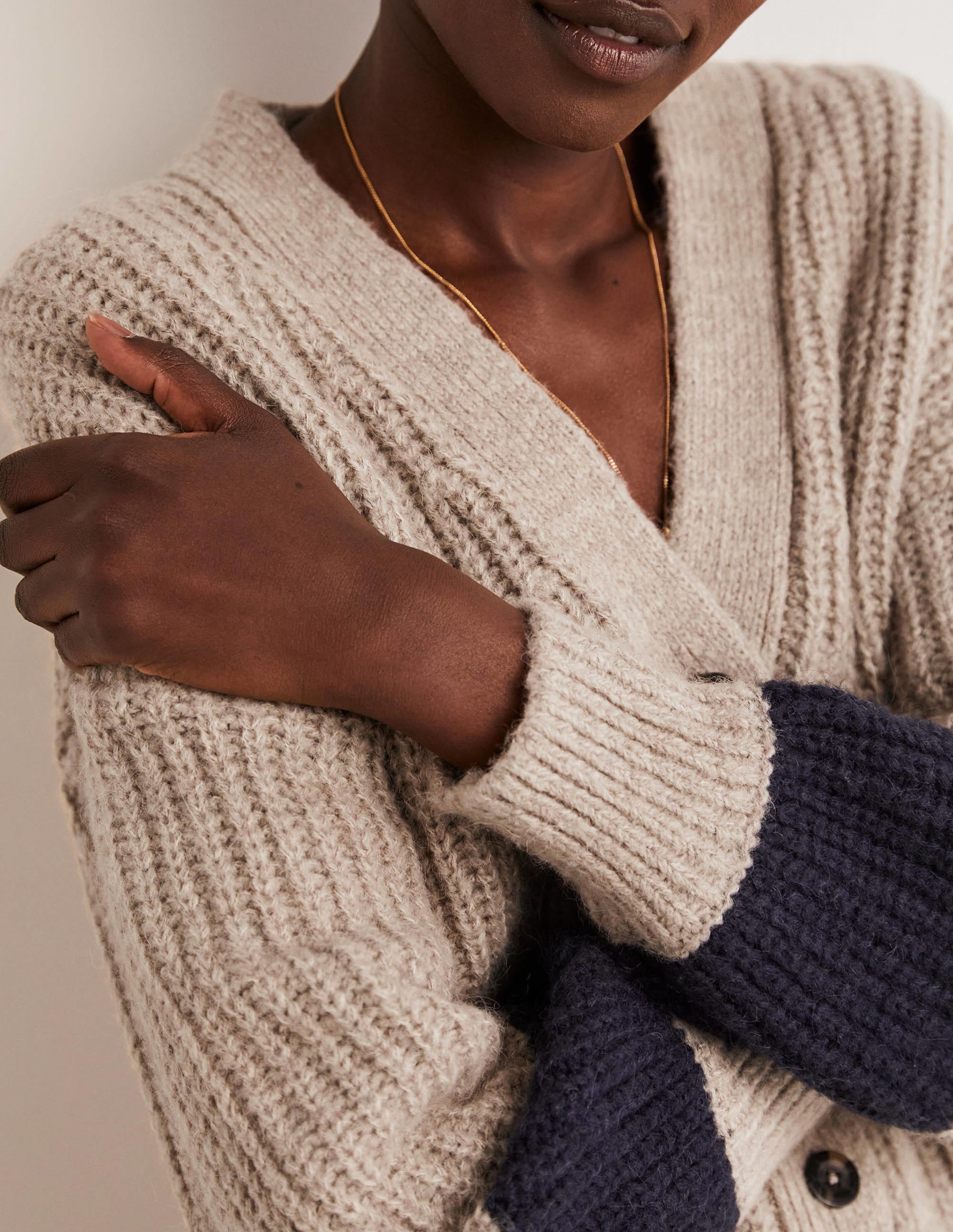 Fluffy Rib Relaxed Cardigan-Mink Melange, Navy - Image 2