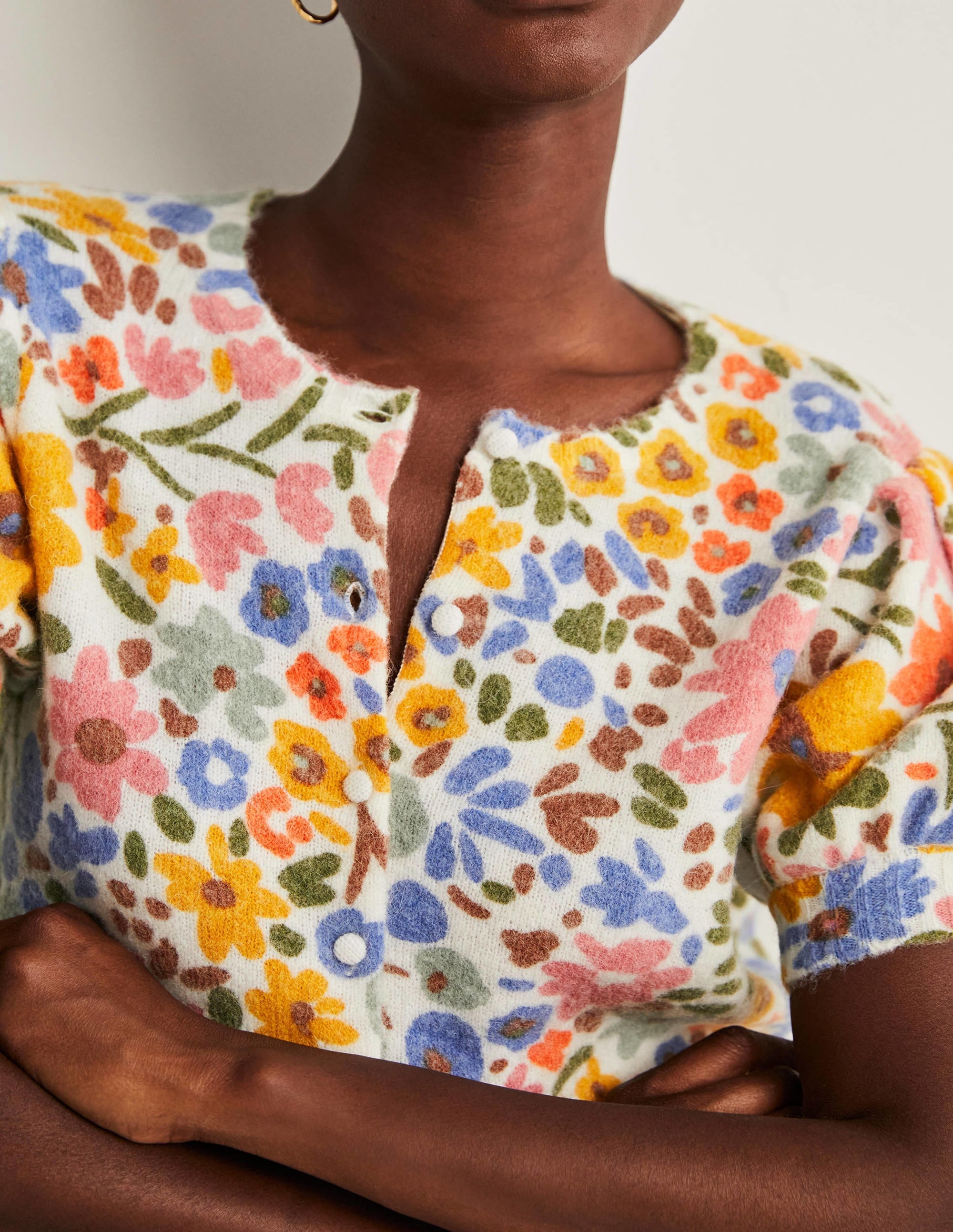 Printed Puff Sleeve Cardigan-Ivory, Abstract Ditsy - Image 2