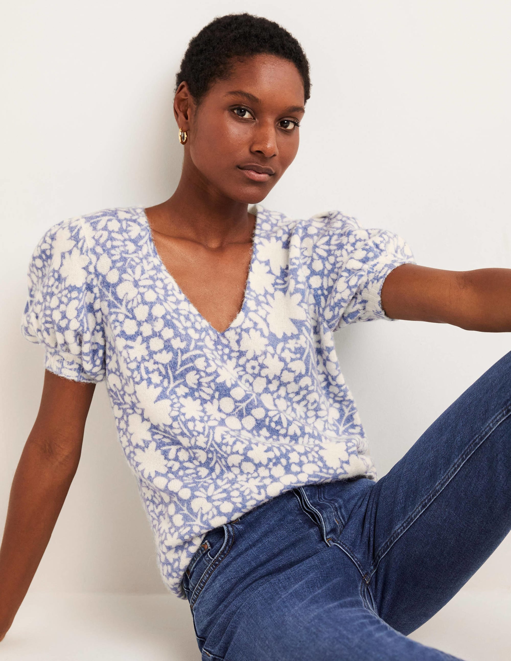 Printed Puff Sleeve Jumper-Riviera Blue, Abstract Ditsy - Image 1