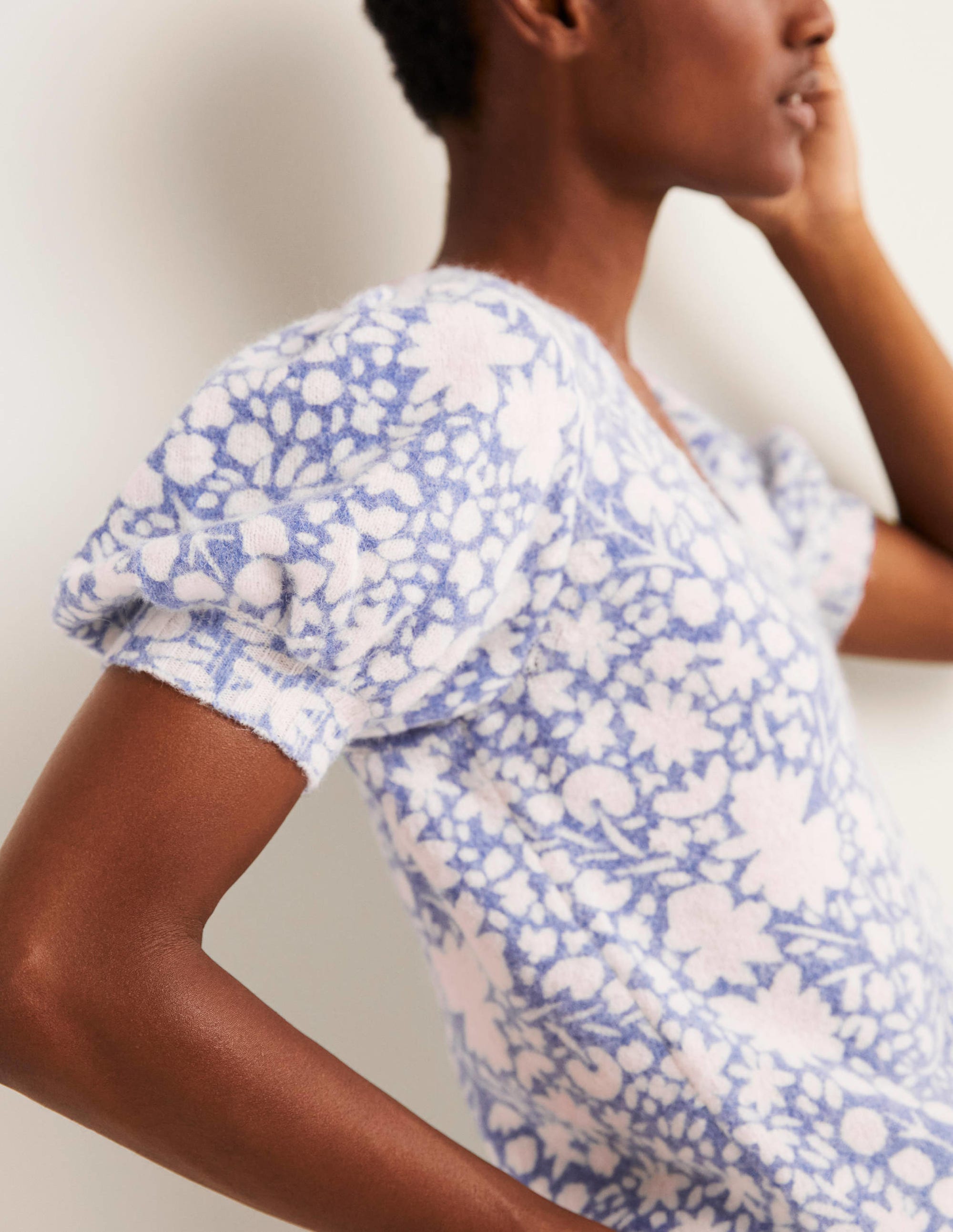 Printed Puff Sleeve Jumper-Riviera Blue, Abstract Ditsy - Image 2