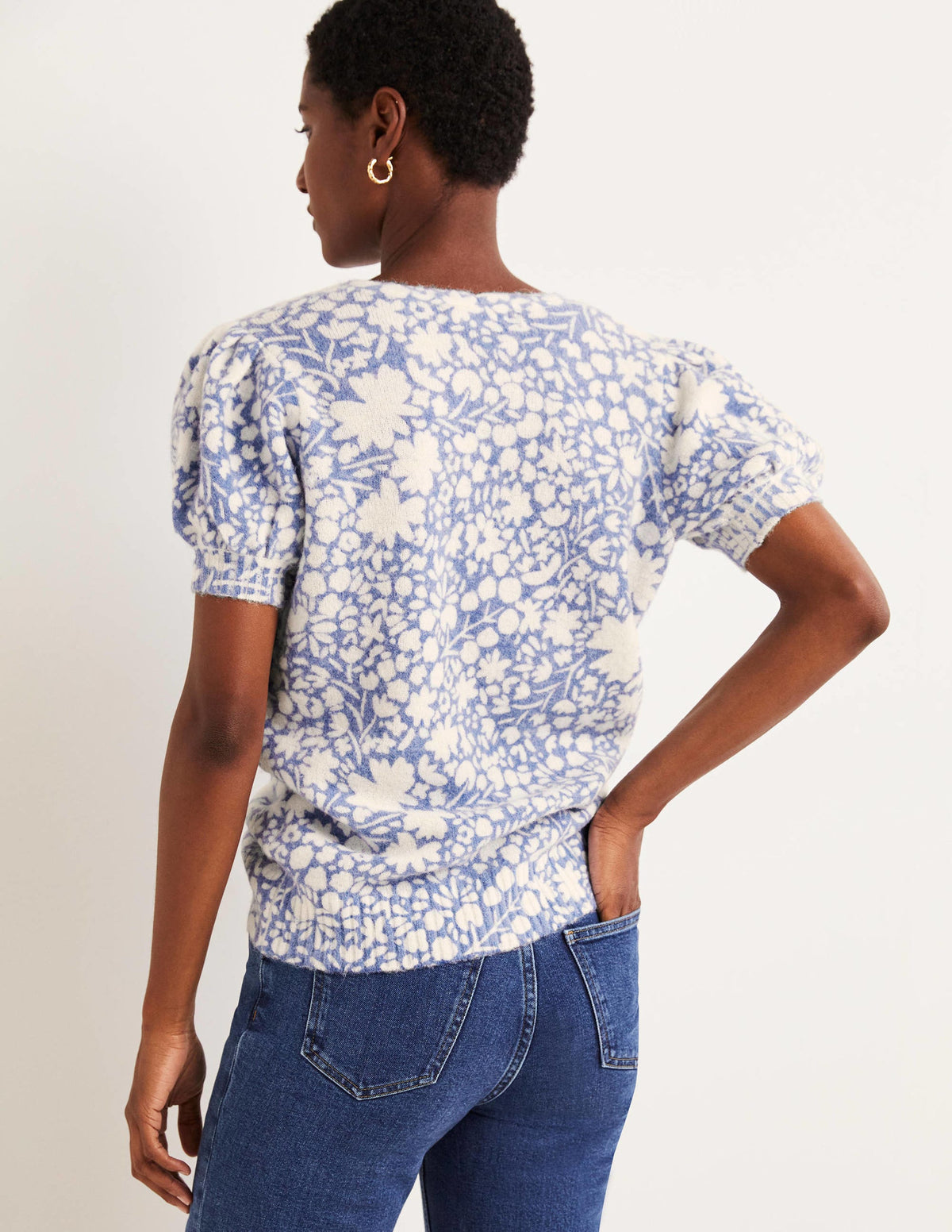 Printed Puff Sleeve Jumper-Riviera Blue, Abstract Ditsy - Image 3