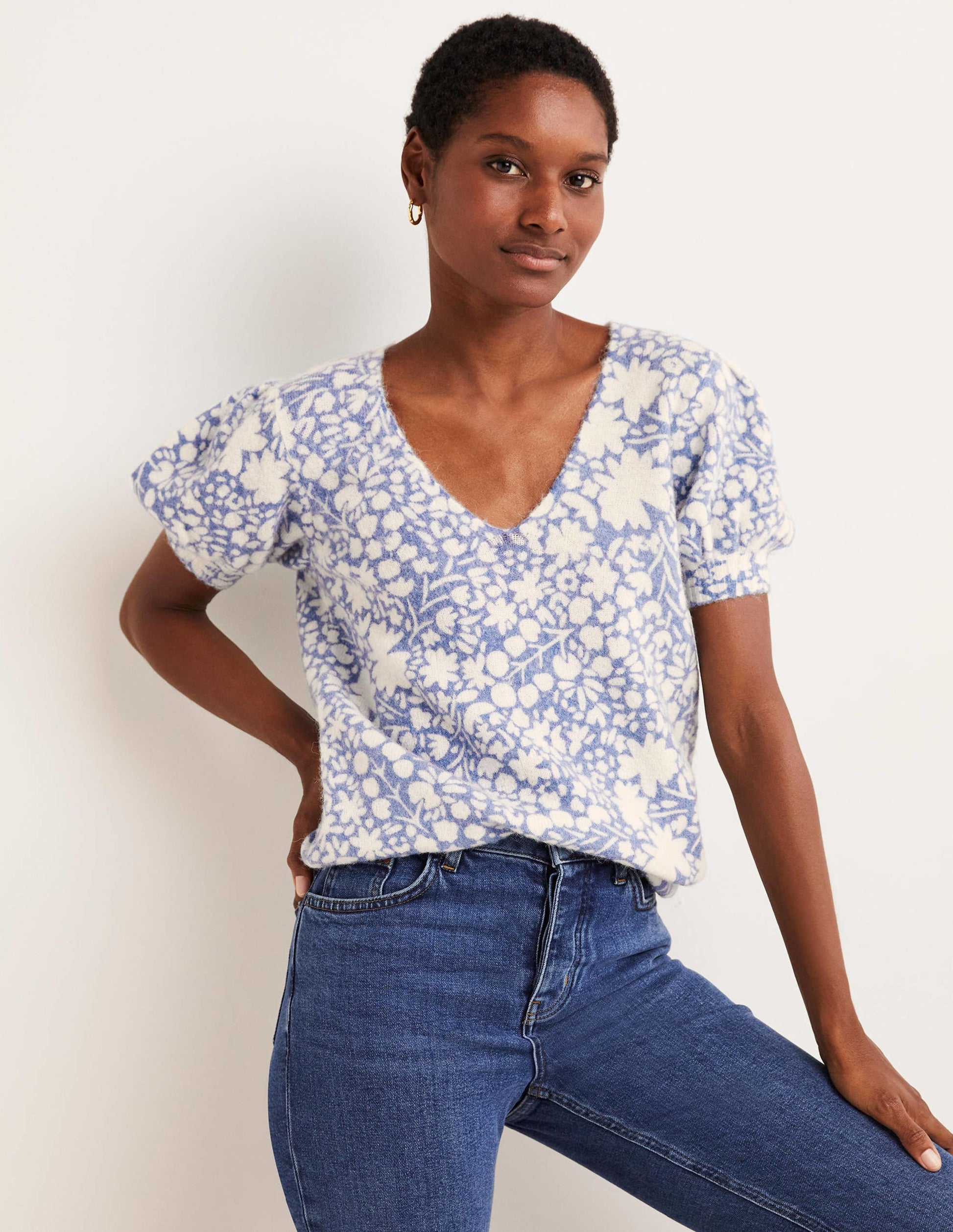 Printed Puff Sleeve Jumper-Riviera Blue, Abstract Ditsy-4