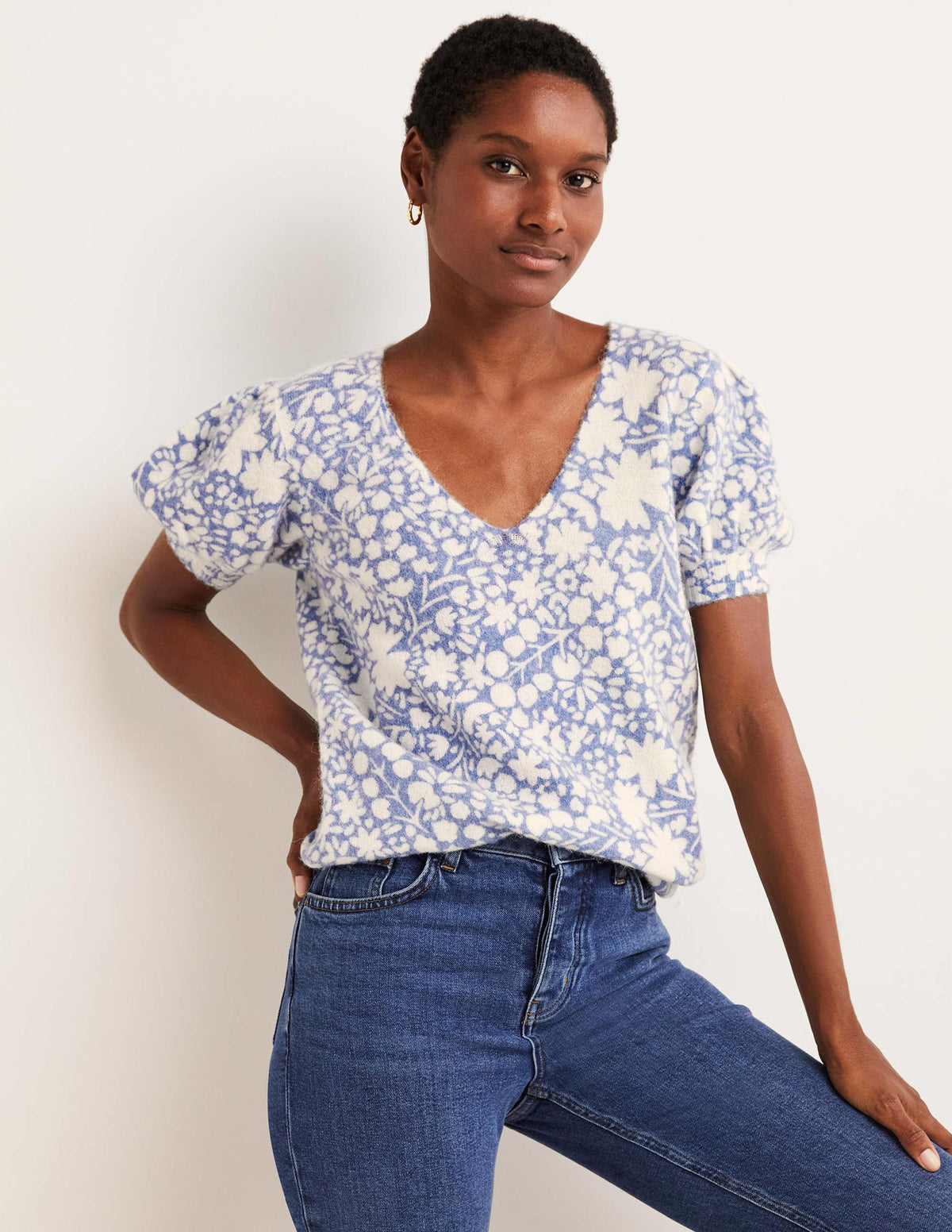 Printed Puff Sleeve Jumper-Riviera Blue, Abstract Ditsy - Image 4