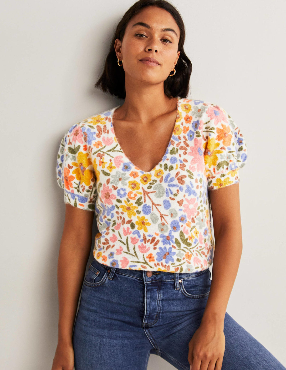 Printed Puff Sleeve Jumper-Ivory, Abstract Ditsy - Image 1