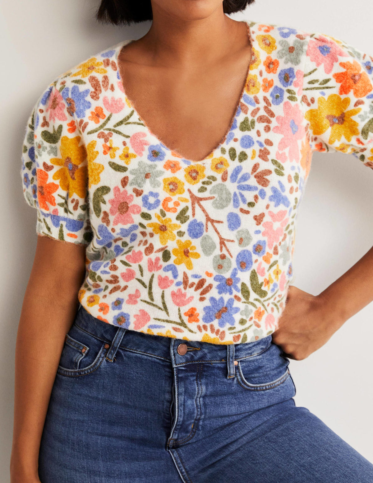 Printed Puff Sleeve Jumper-Ivory, Abstract Ditsy - Image 4