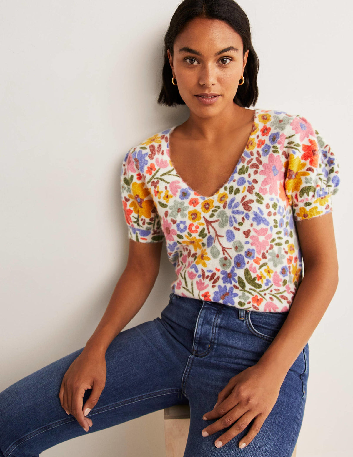 Printed Puff Sleeve Jumper-Ivory, Abstract Ditsy-5