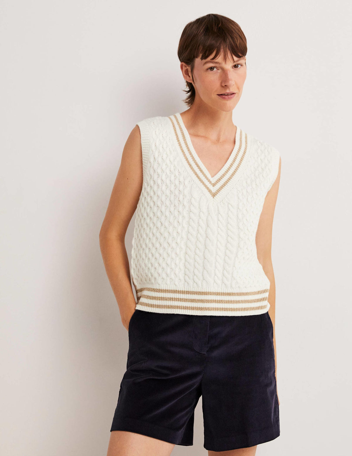 Cable Knit V-neck Tank Top-Ivory - Image 1