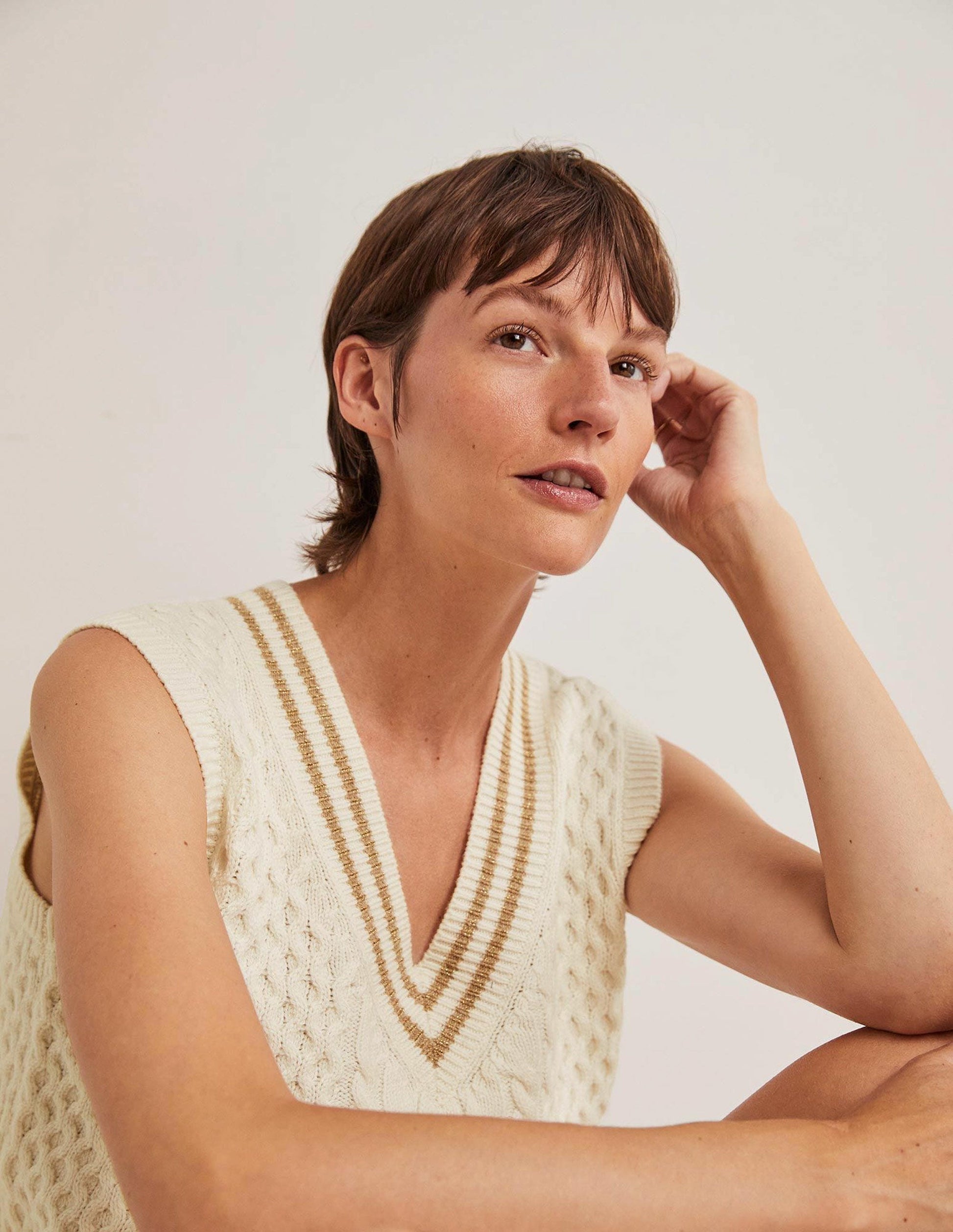 Cable Knit V-neck Tank Top-Ivory-4