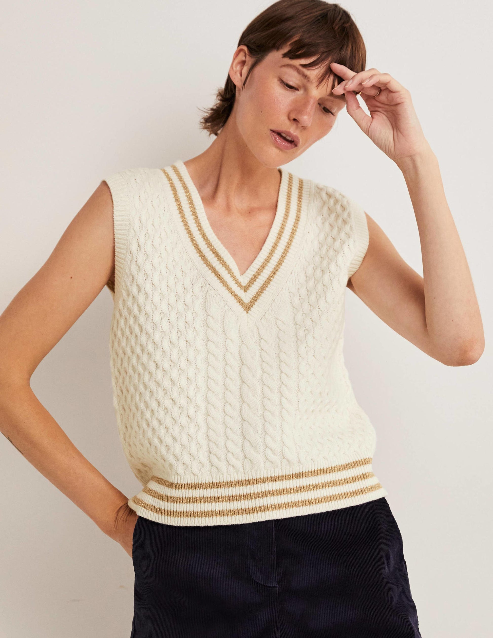 Cable Knit V-neck Tank Top-Ivory-5