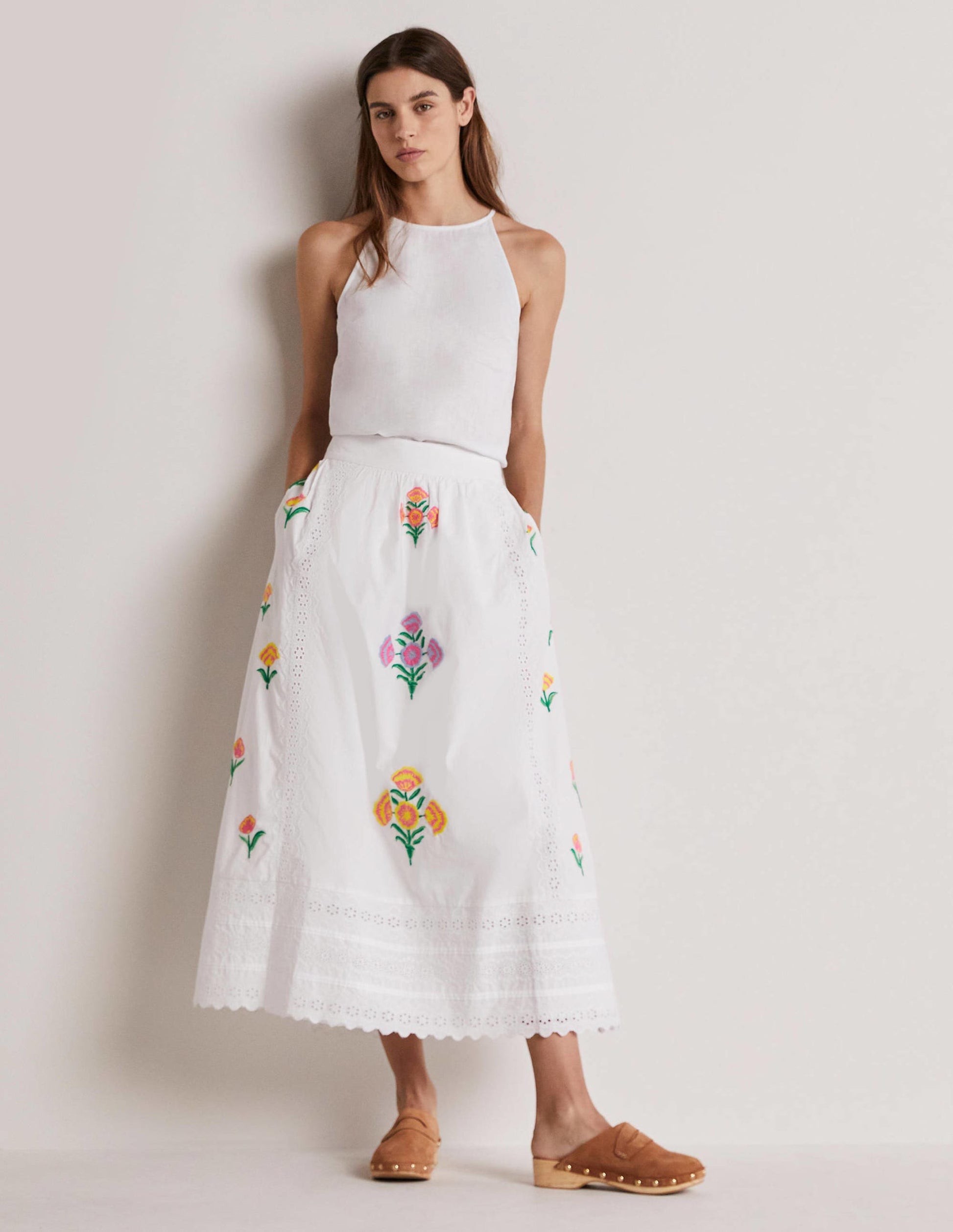 Embroidered Full Midi Skirt-White, Embroidered-6