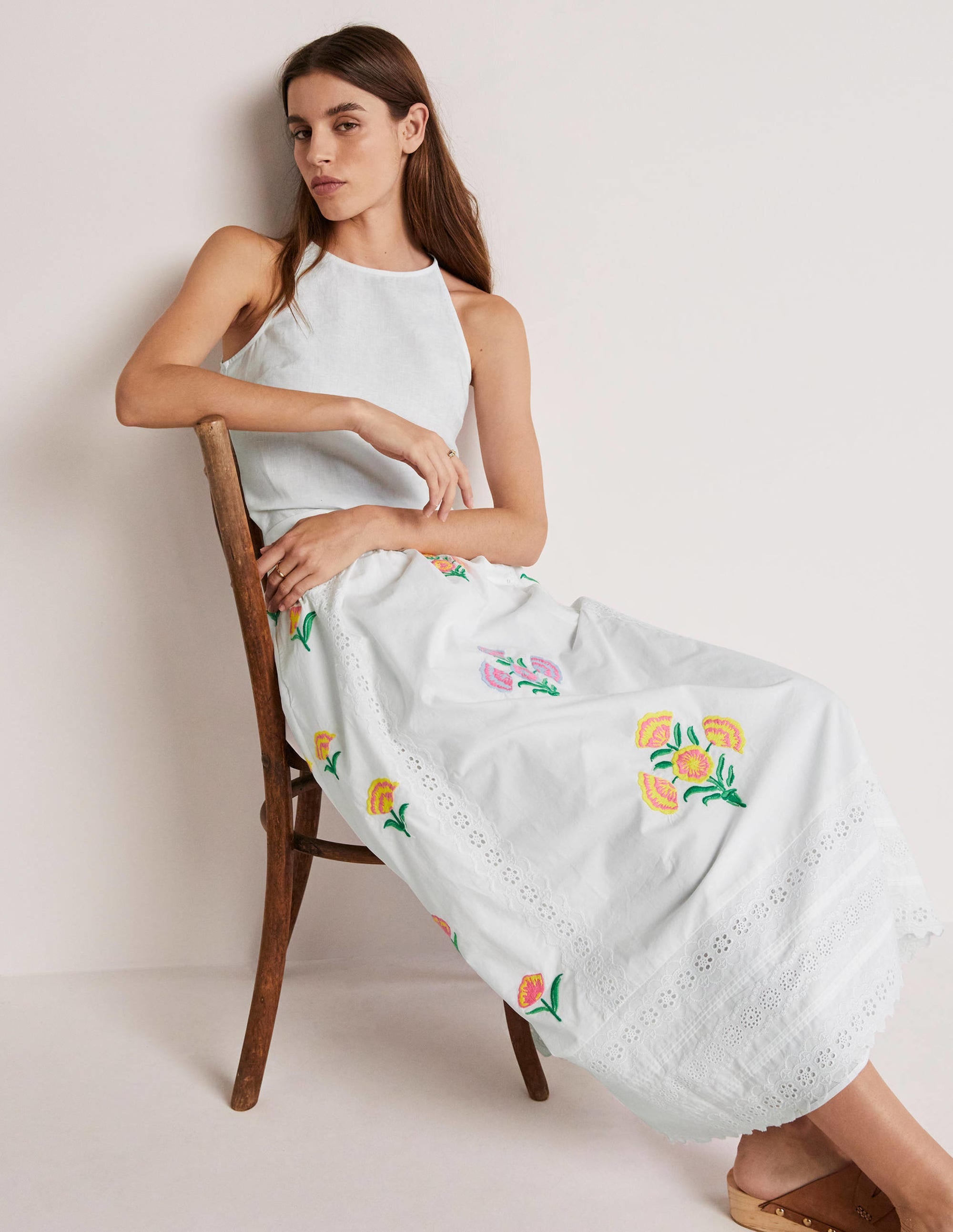Embroidered Full Midi Skirt-White, Embroidered - Image 10