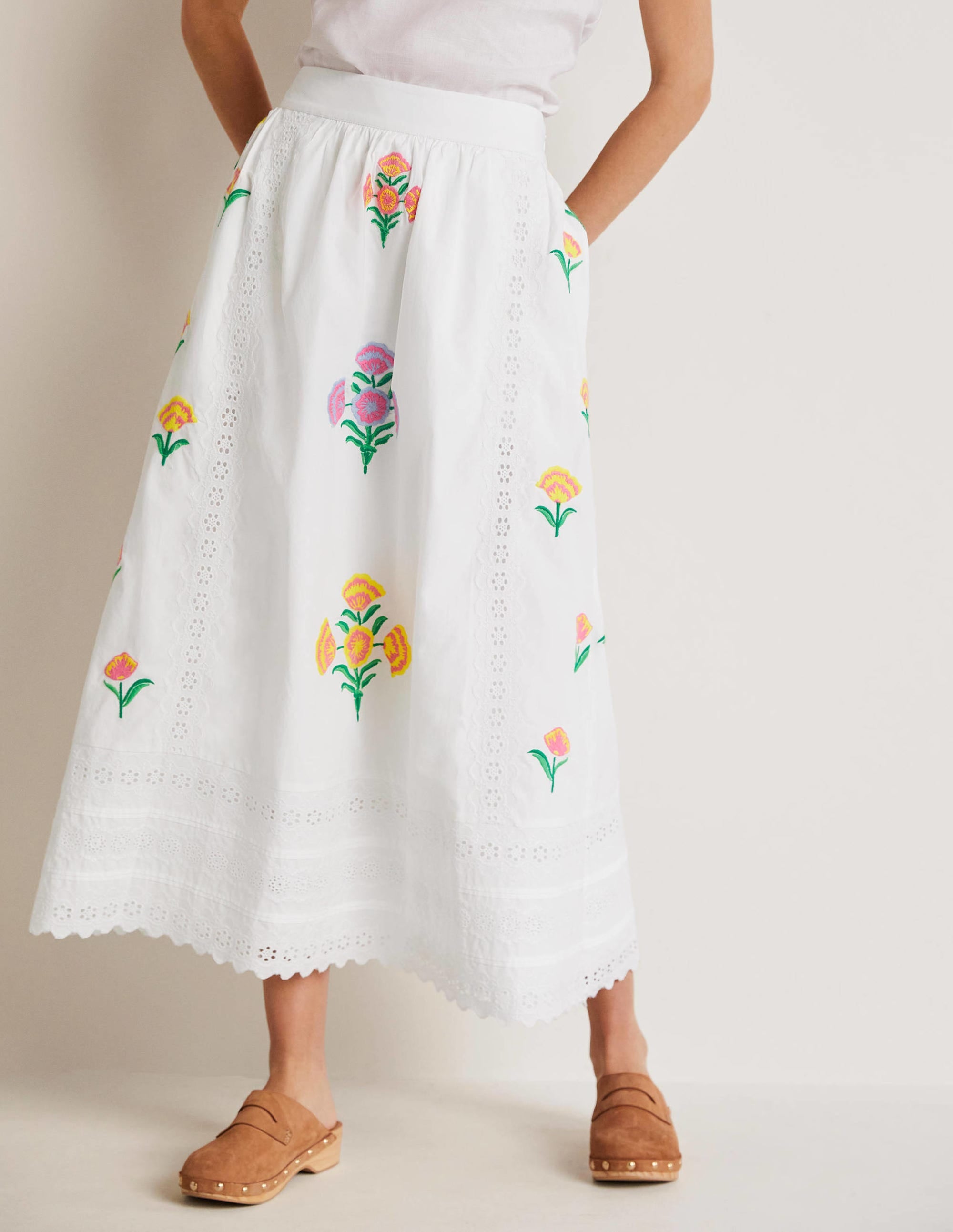 Embroidered Full Midi Skirt-White, Embroidered - Image 4