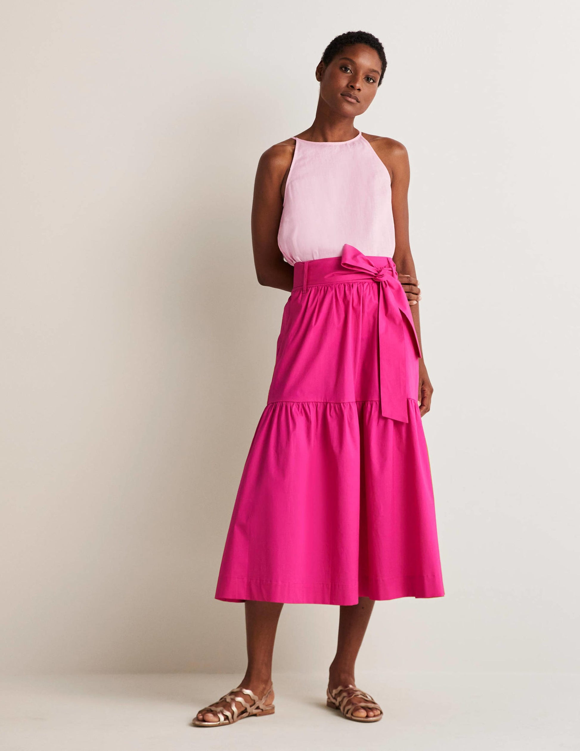 Tiered Belted Midi Skirt-Wild Watermelon Pink-6