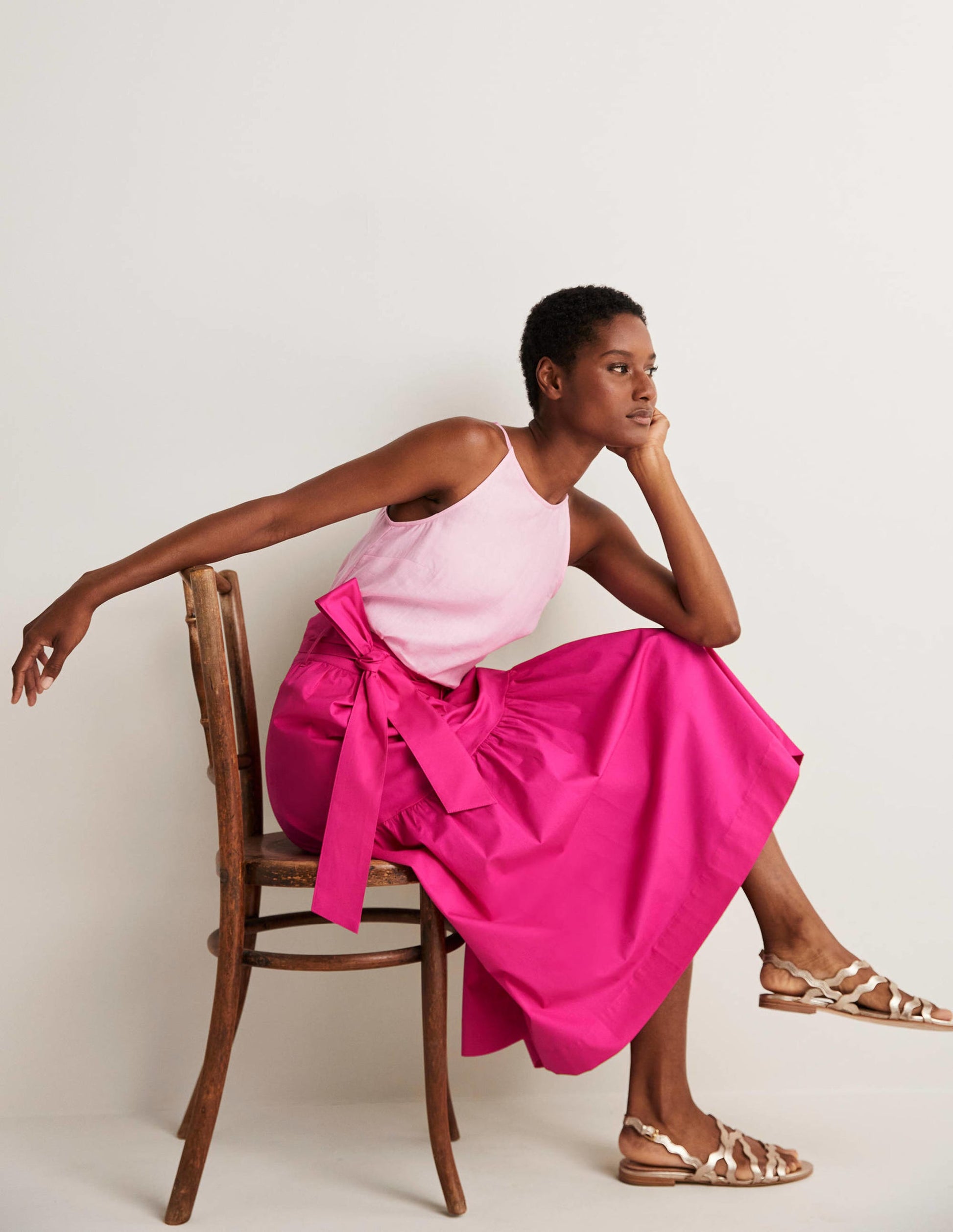 Tiered Belted Midi Skirt-Wild Watermelon Pink-2