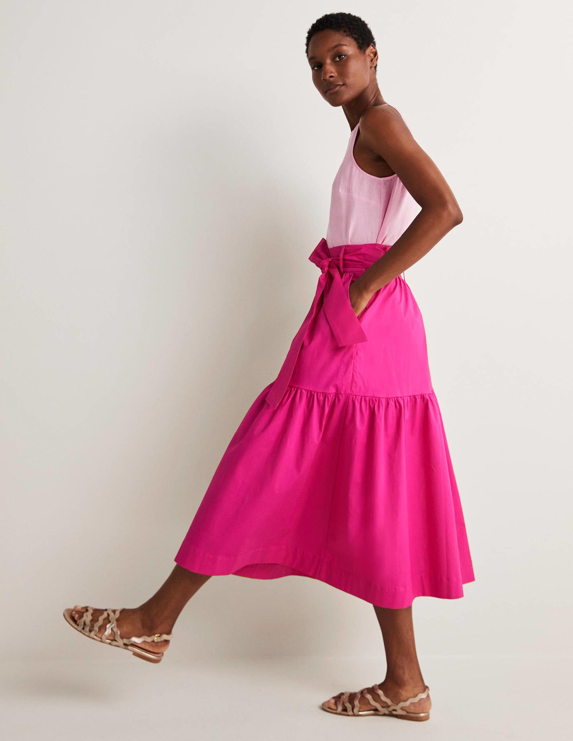 Tiered Belted Midi Skirt-Wild Watermelon Pink-4
