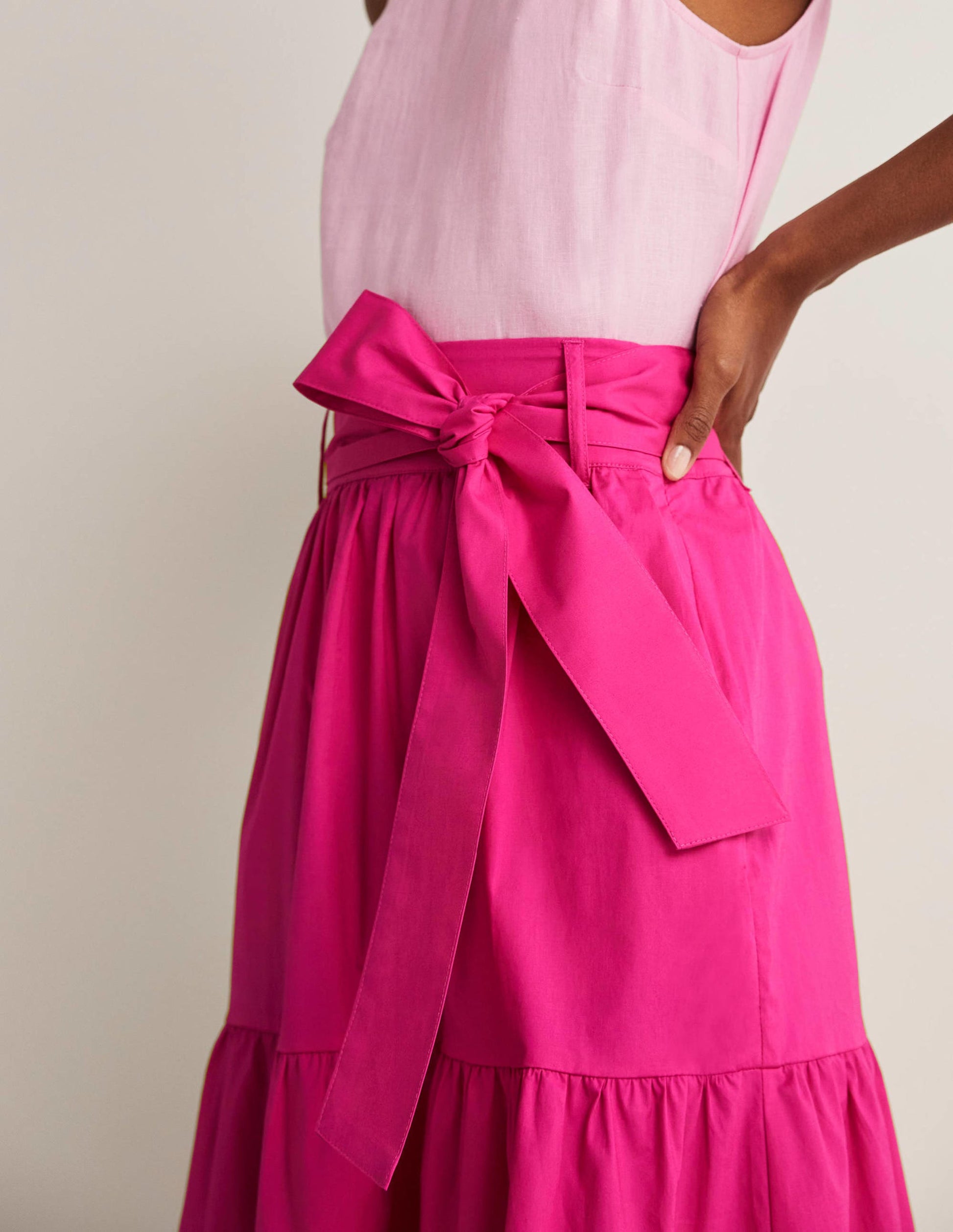 Tiered Belted Midi Skirt-Wild Watermelon Pink-5