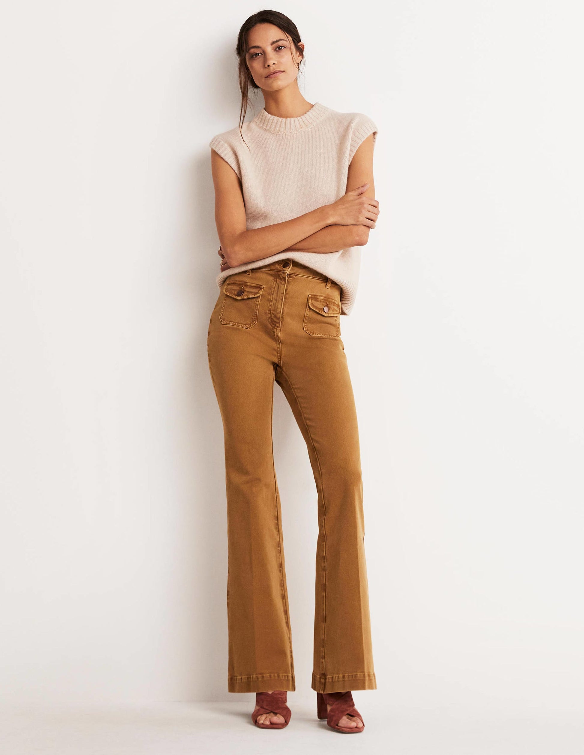 High Waist Flare Trousers-Butterscotch Brown-6