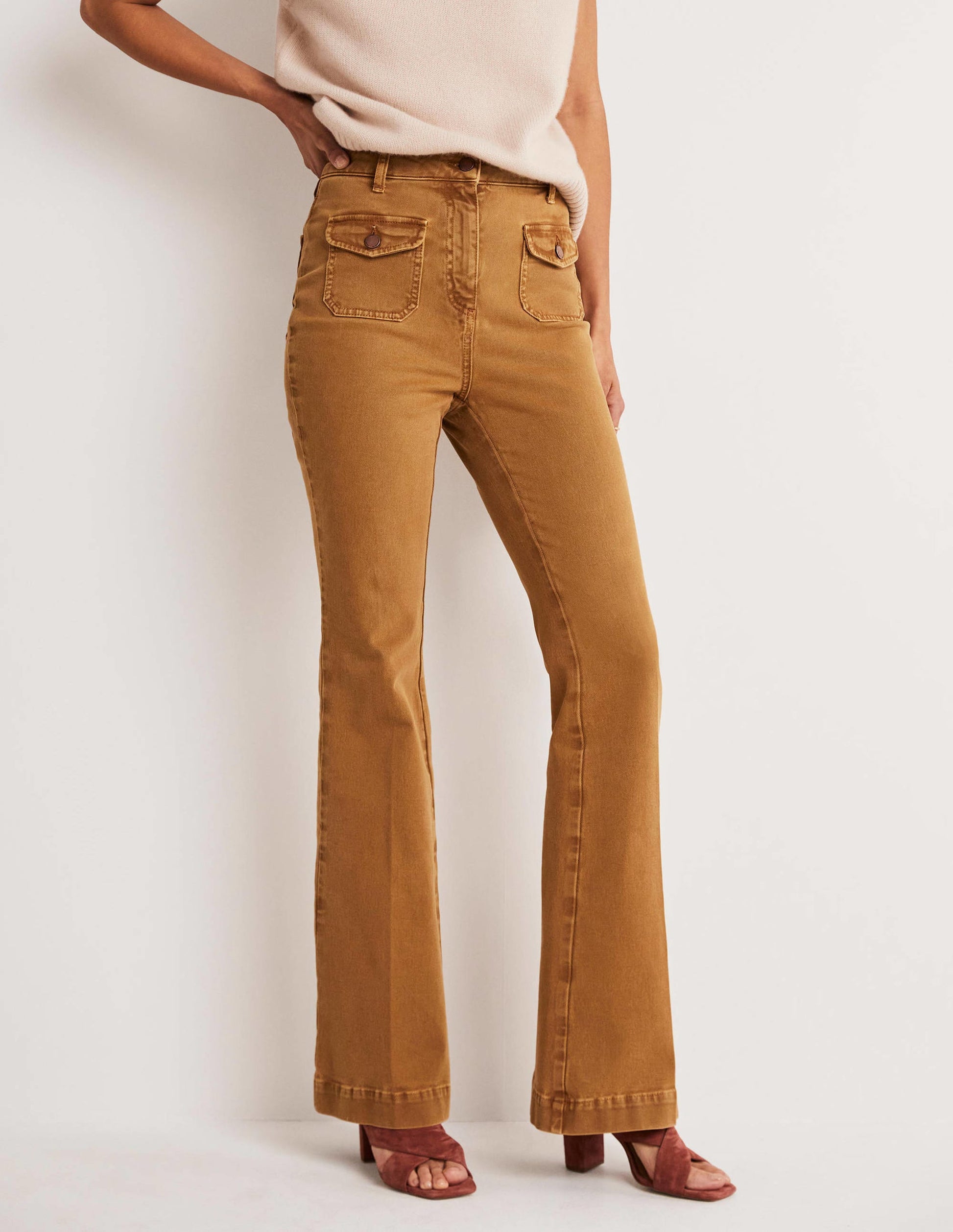 High Waist Flare Trousers-Butterscotch Brown-10