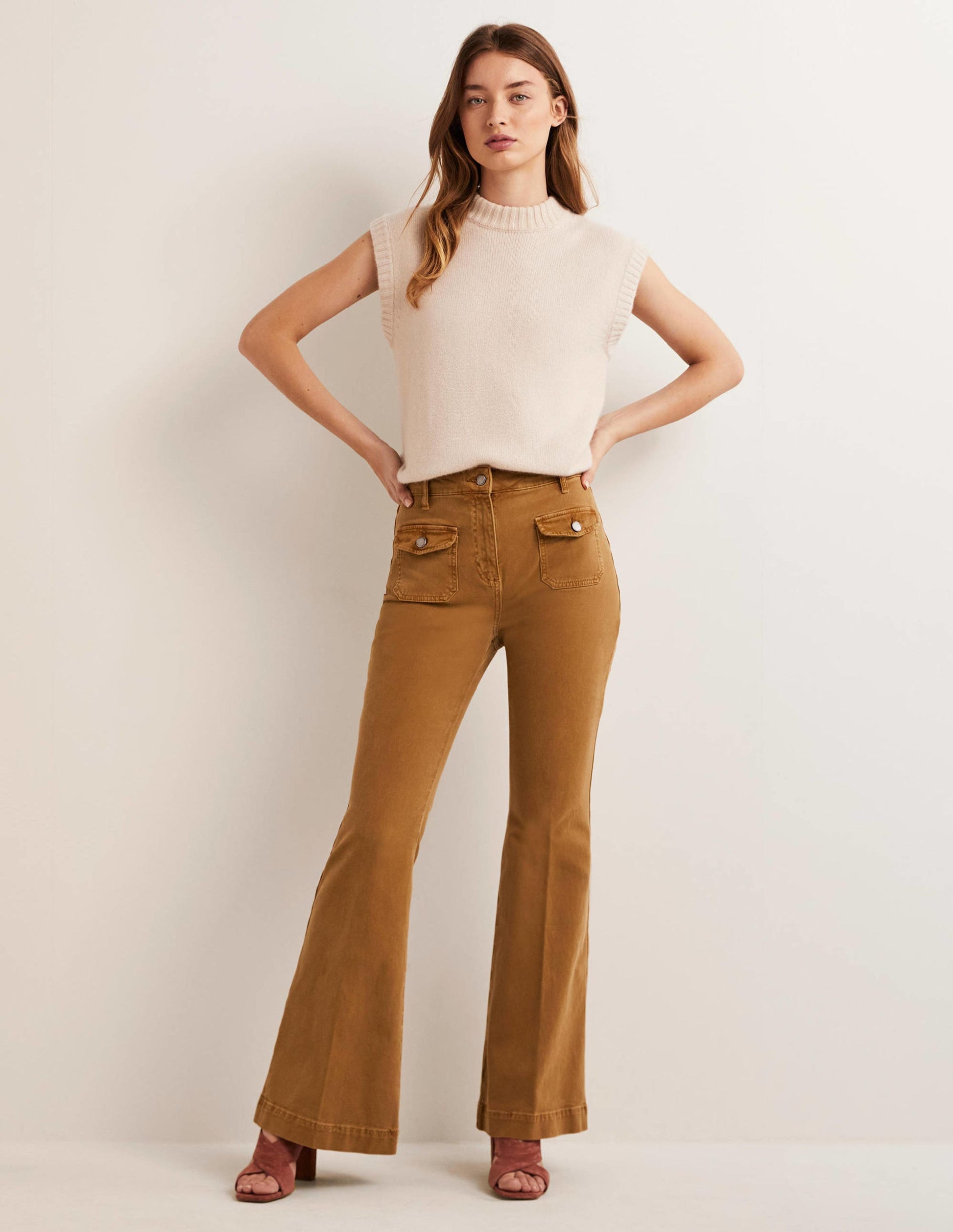 High Waist Flare Trousers-Butterscotch Brown-1