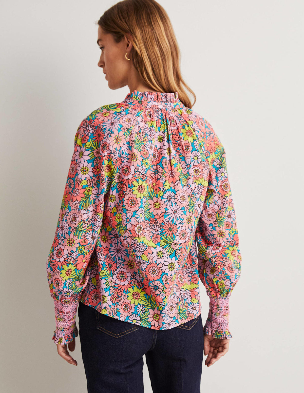 Smocked Cuff Printed Top-Bonbon Pink, Bloom Garden - Image 7